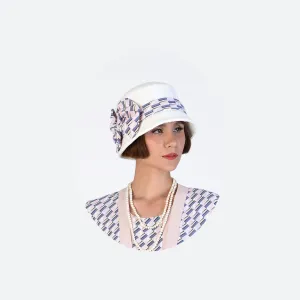 1920s cloche hat in off-white cotton and rectangular printed chiffon