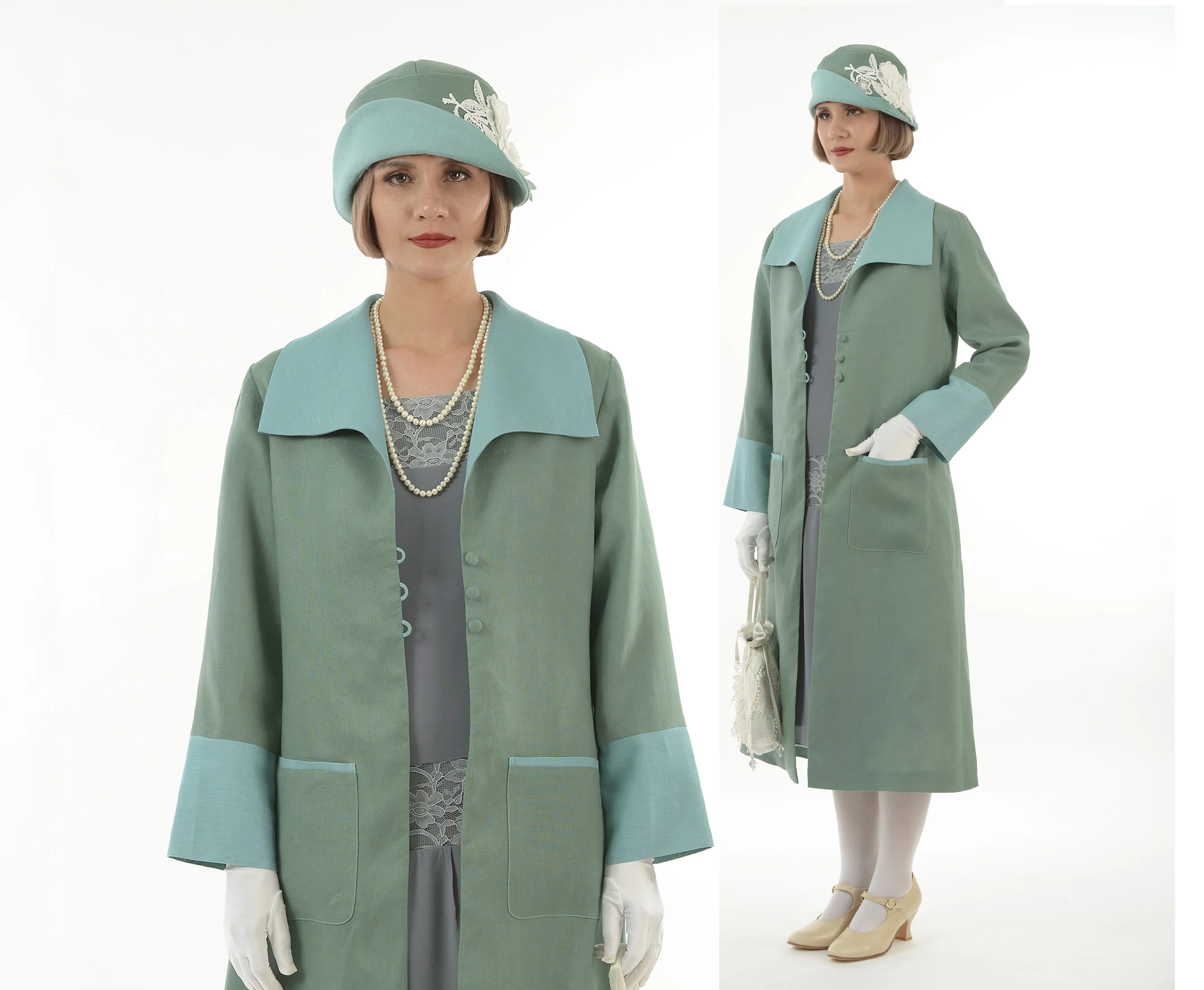 1920s-inspired linen cloche hat in muted green and pastel blue