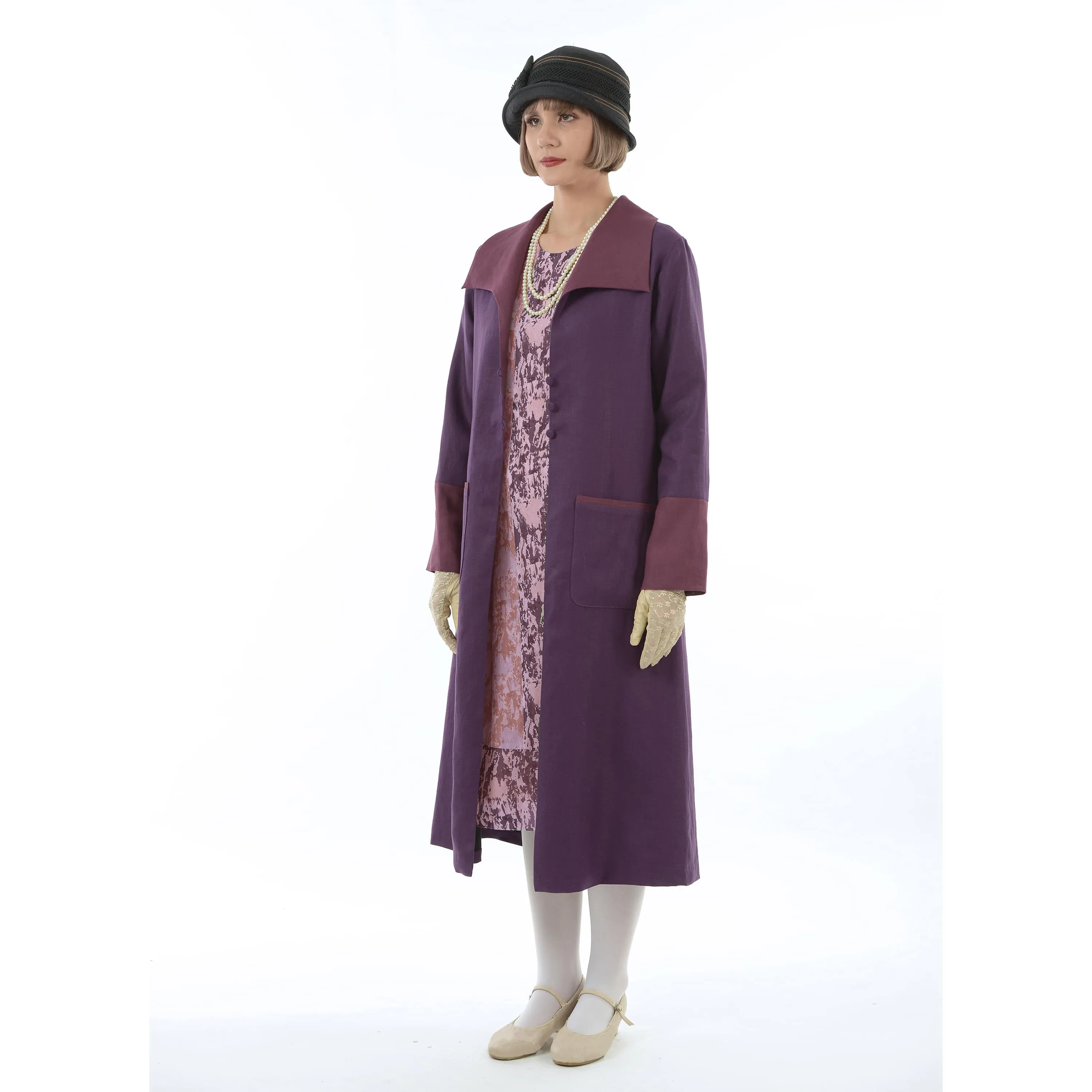 2-toned purple linen 1920s reproduction day coat with wing collar