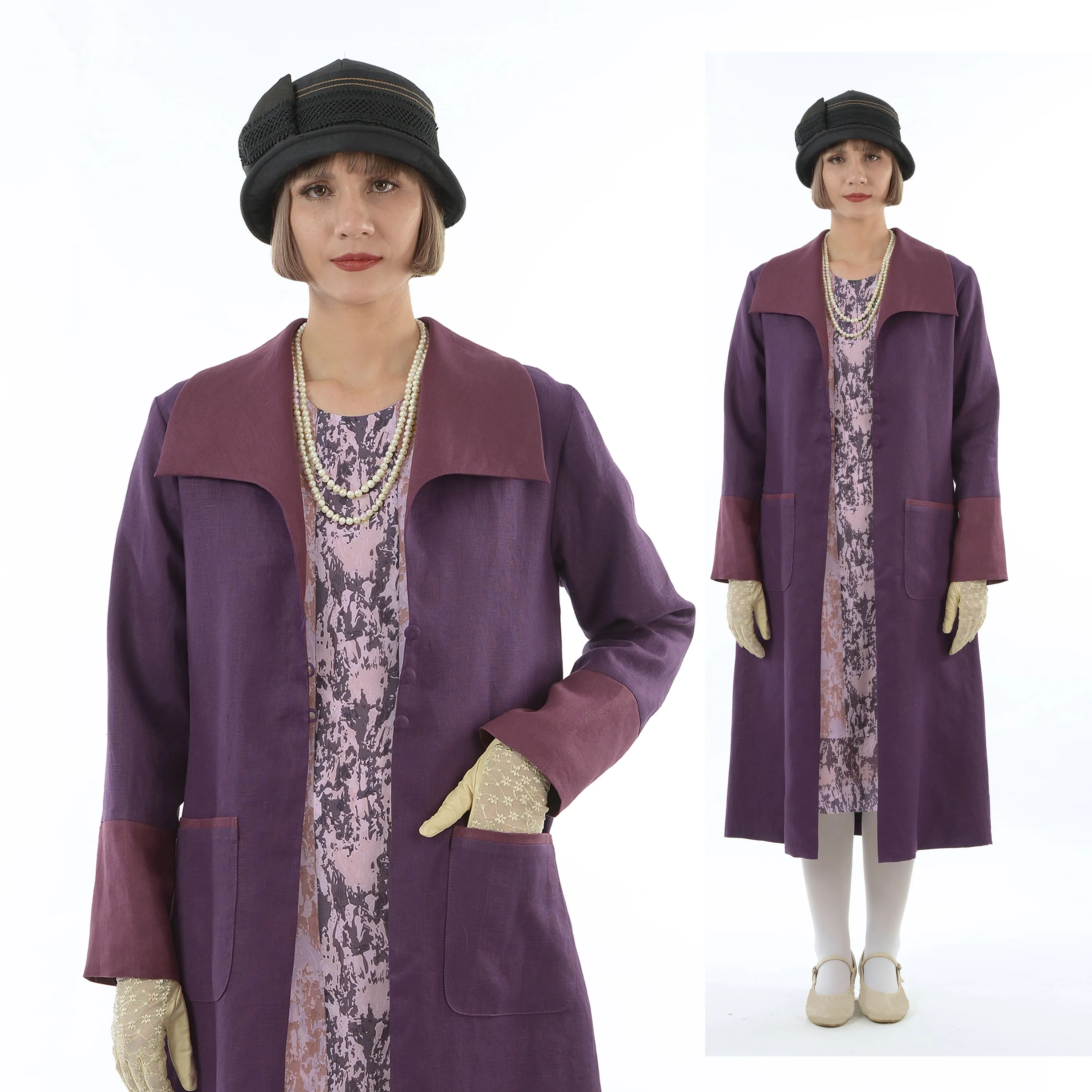 2-toned purple linen 1920s reproduction day coat with wing collar