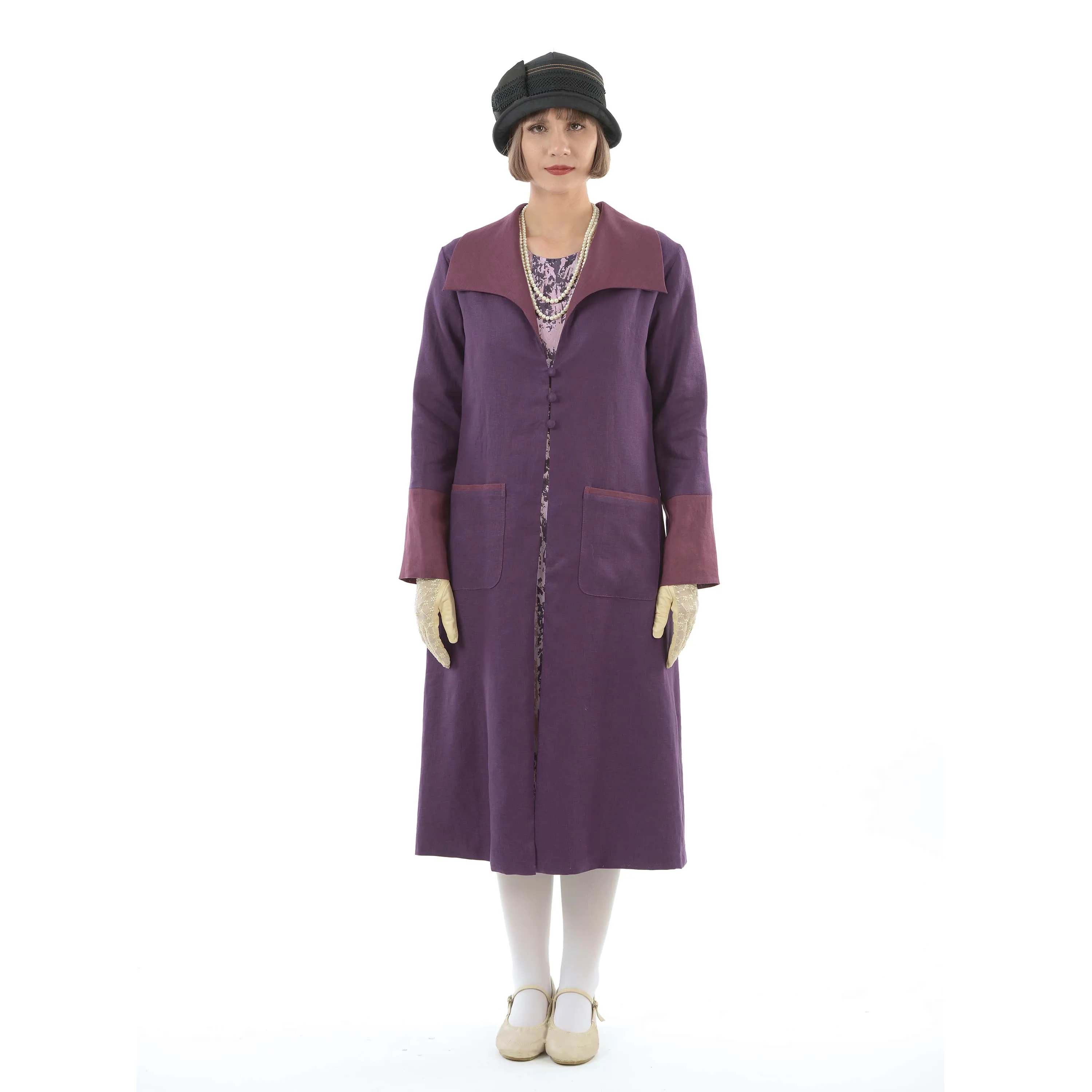 2-toned purple linen 1920s reproduction day coat with wing collar