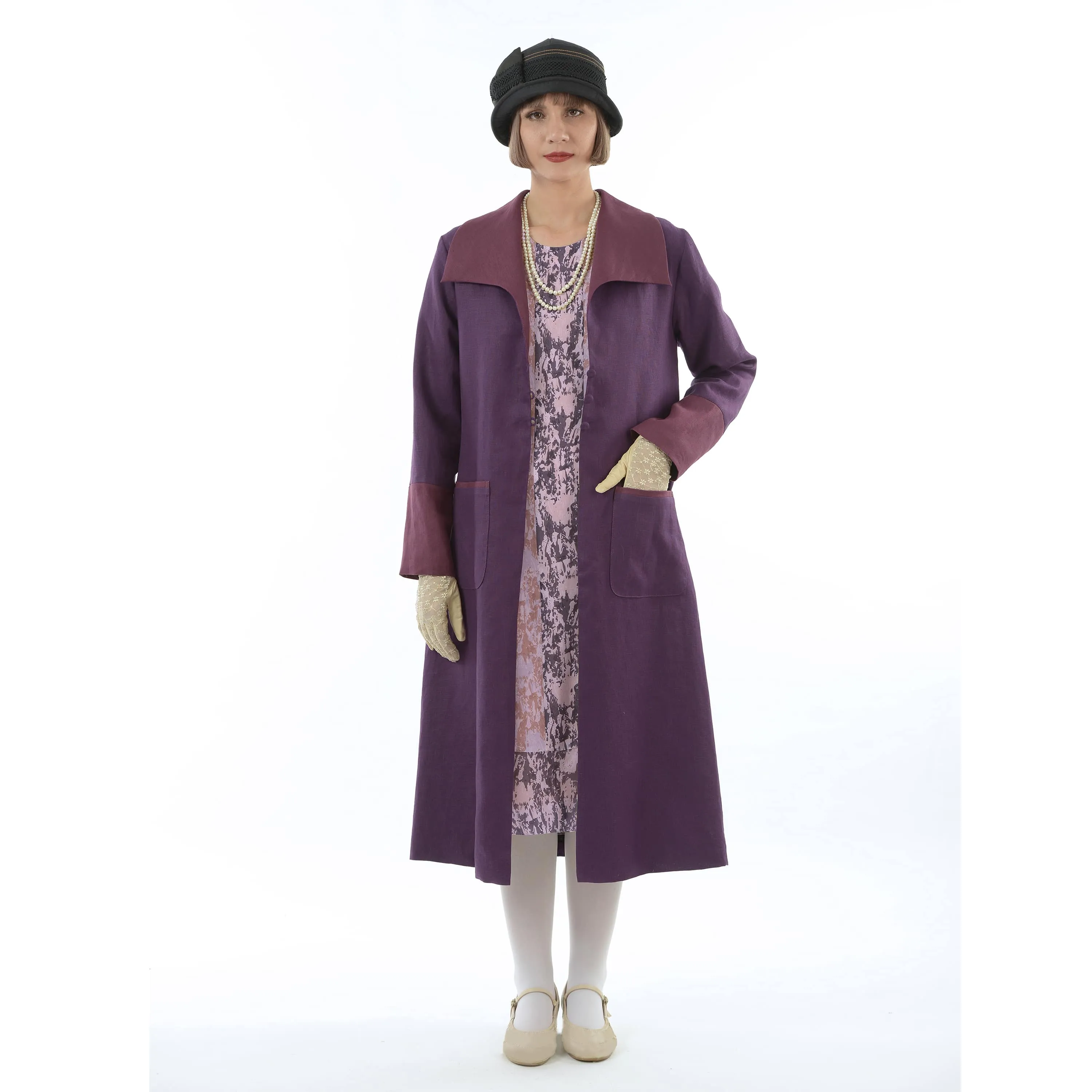 2-toned purple linen 1920s reproduction day coat with wing collar