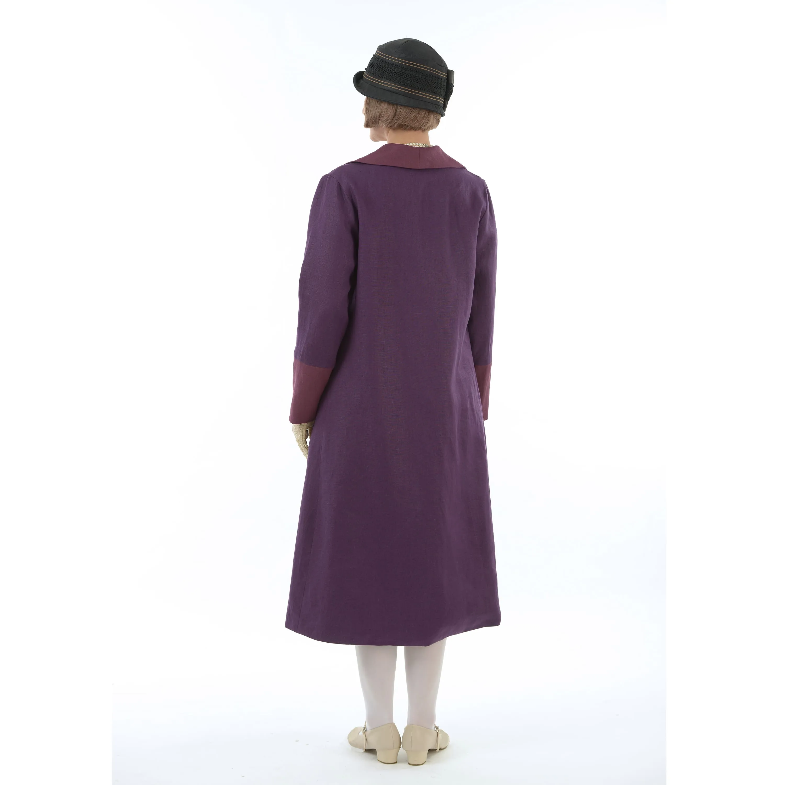 2-toned purple linen 1920s reproduction day coat with wing collar