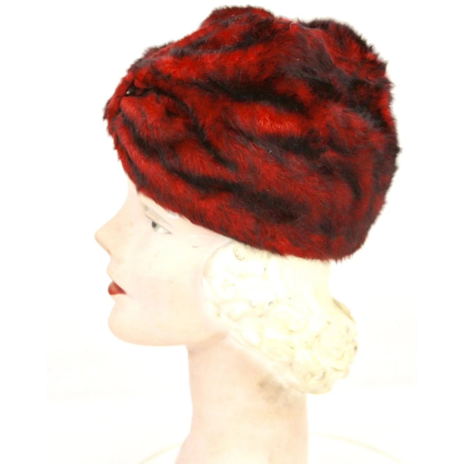 50s VTG Red Black Fur Felt Hat Turban Pillbox Cloche Montezuma Austria  Church S