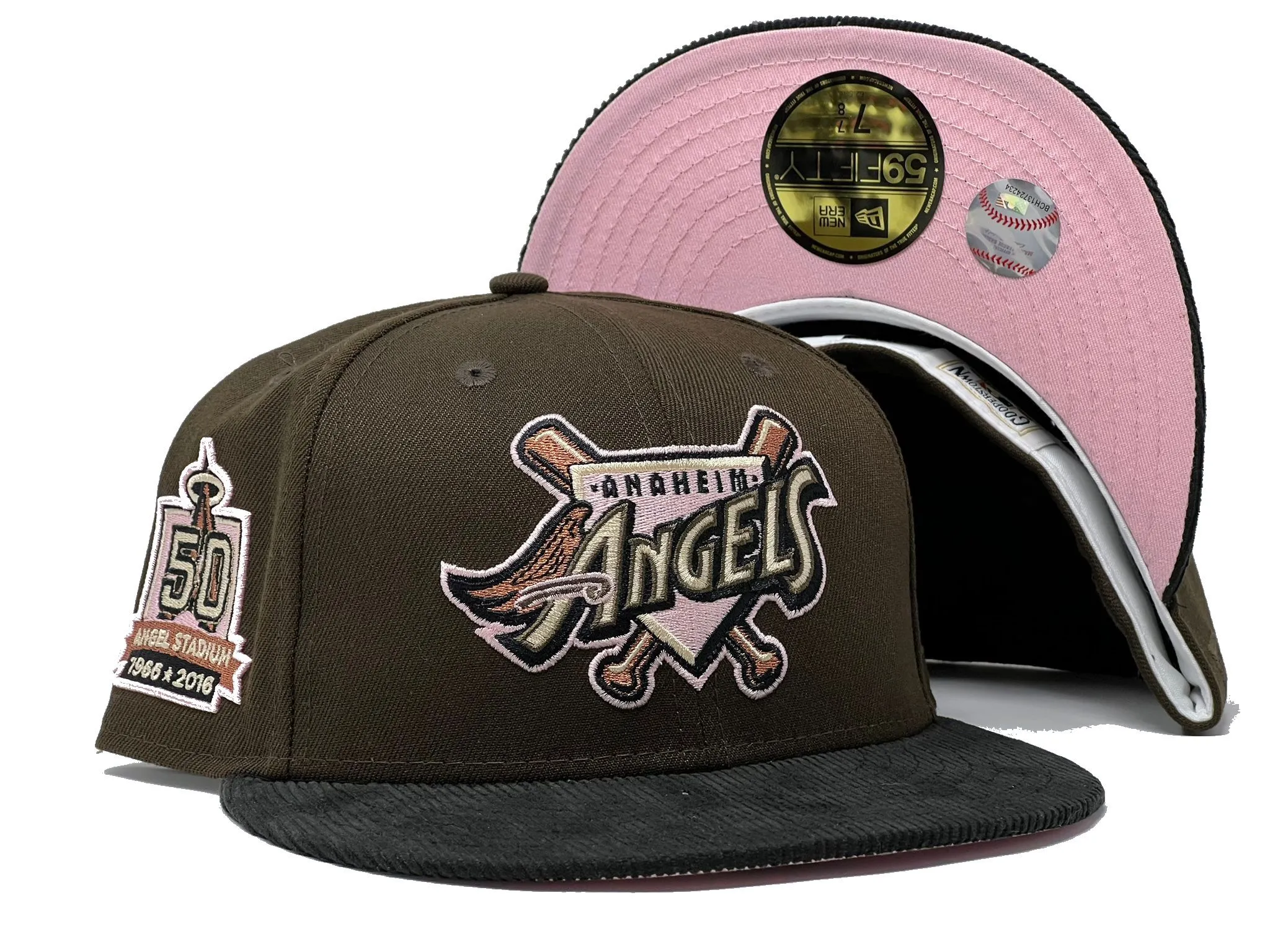 ANAHIEM ANGELS 50TH ANNIVERSARY BROWN BLACK CORDUROY VISOR PINK BRIM NEW ERA FITTED HAT