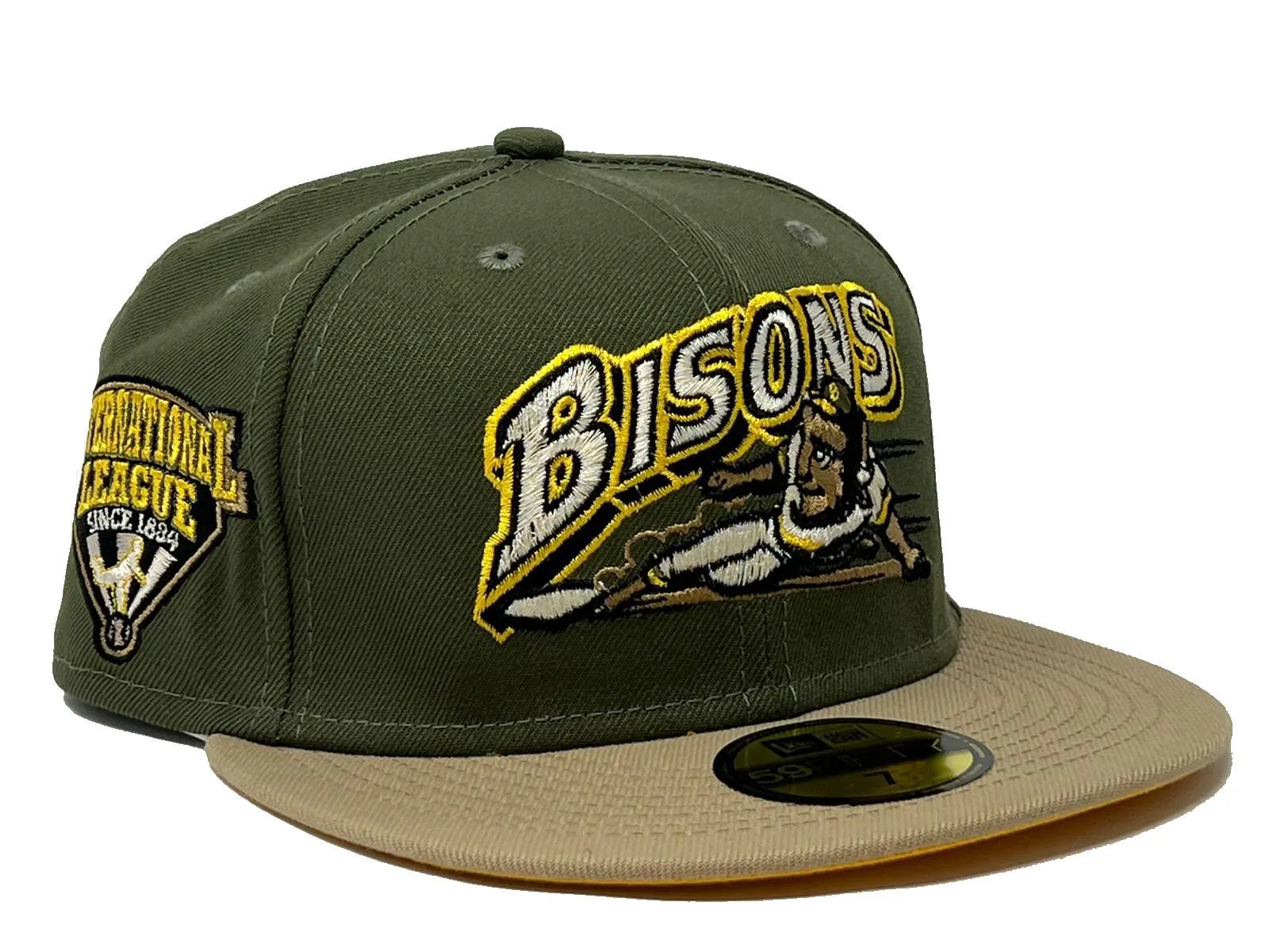 BUFALLO BISONS INTERNATIONAL LEAGUE OLIVE CAMEL TAXI YELLOW BRIM NEW ERA FITTED HAT