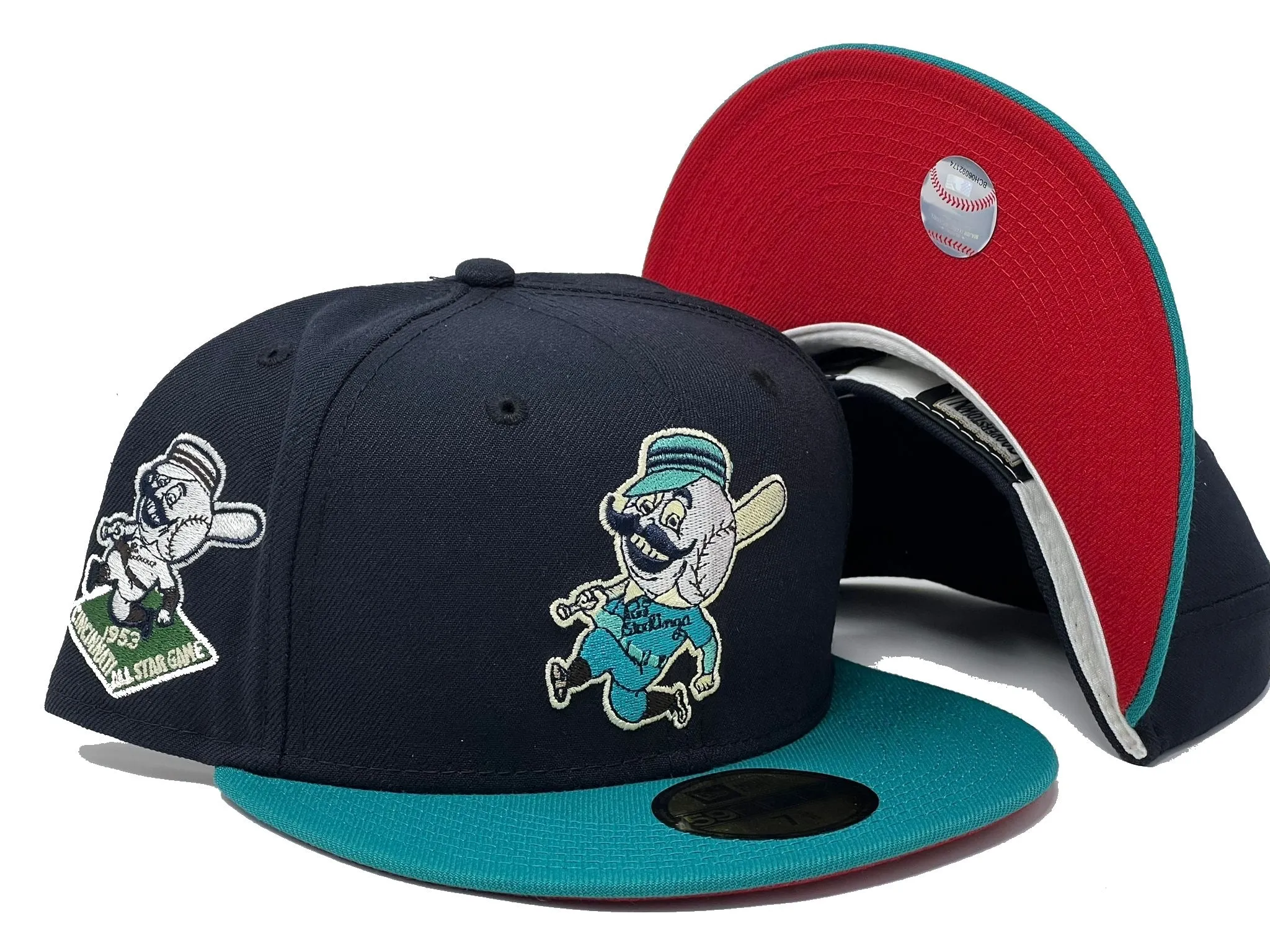 CINCINNATI REDS 1953 ALL STAR GAME NAVY TEAL VISOR RED BRIM NEW ERA FITTED HAT