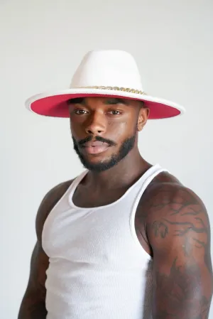 Classic White Fedora with Gilded Chain and Crimson Accent