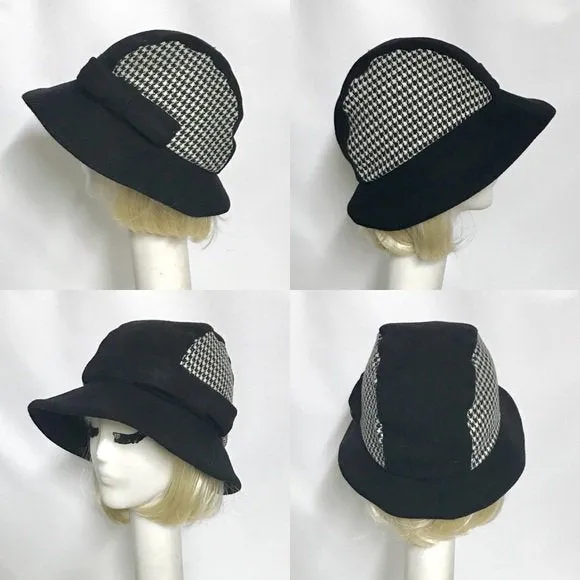 Cloche Hat Black Wool / Houndstooth Bow