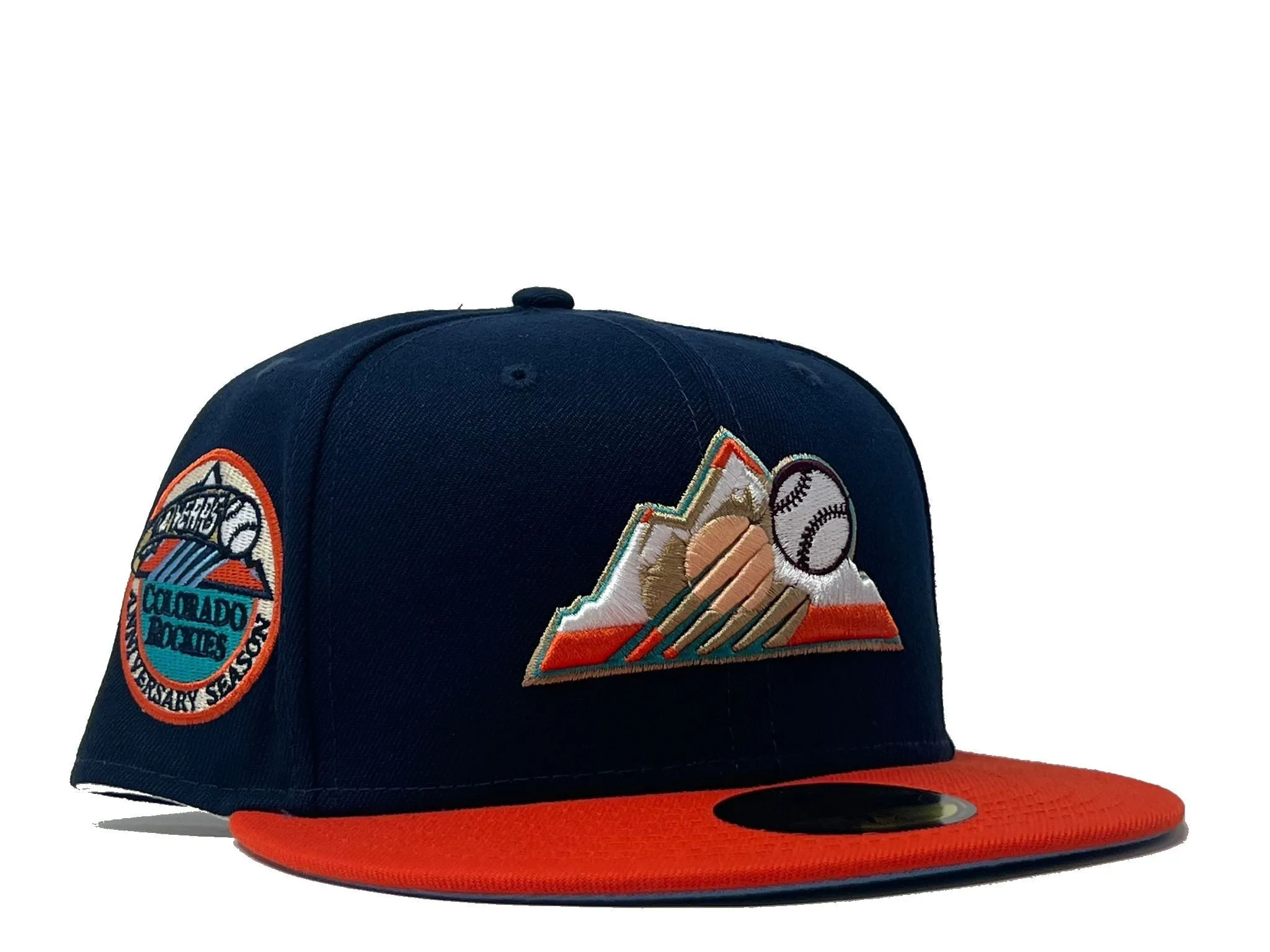 COLORADO ROCKIES 10TH ANNIVERSARY LIGHT NAVY ORANGE VISOR ICY BRIM NEW ERA FITTED HAT