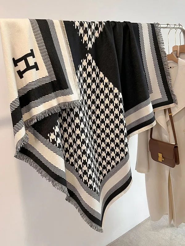 Contrast Color Fringed Houndstooth Keep Warm Printed Striped Shawl&Scarf