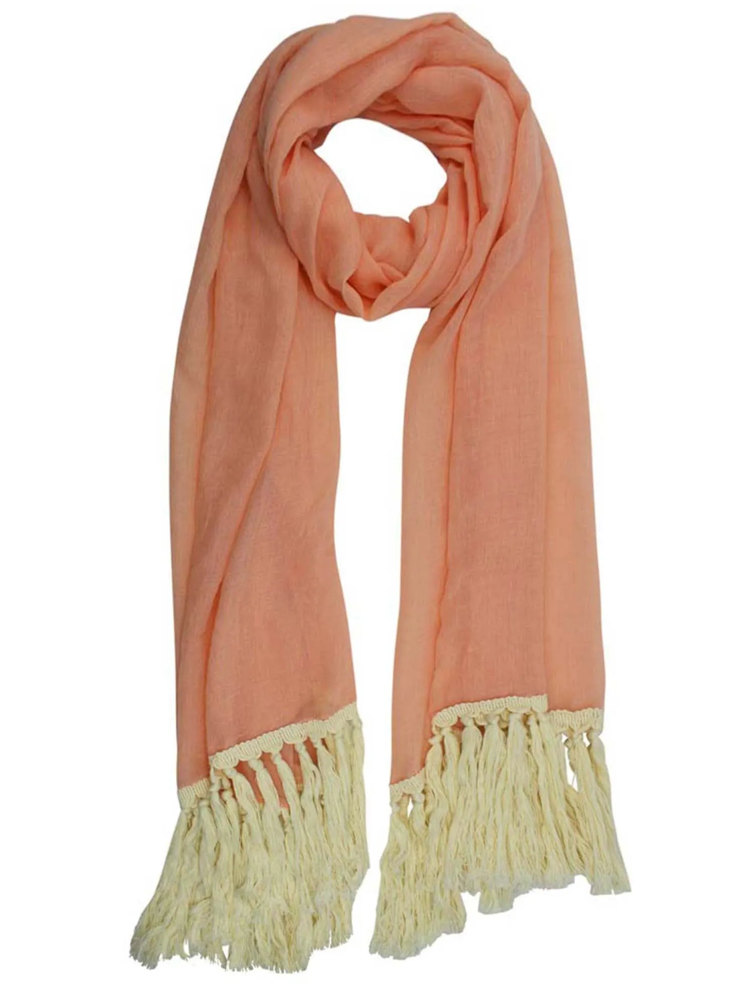 Coral Pink Spring Scarf With Cotton Tassel Fringe