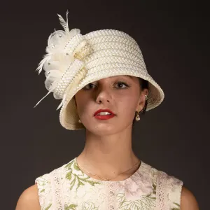 Crinoline Flower And Pearl Decorated Cloche Hat: Ivory