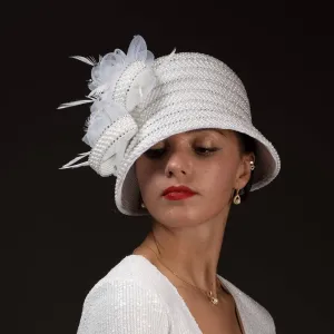 Crinoline Flower And Pearl Decorated Cloche Hat: White