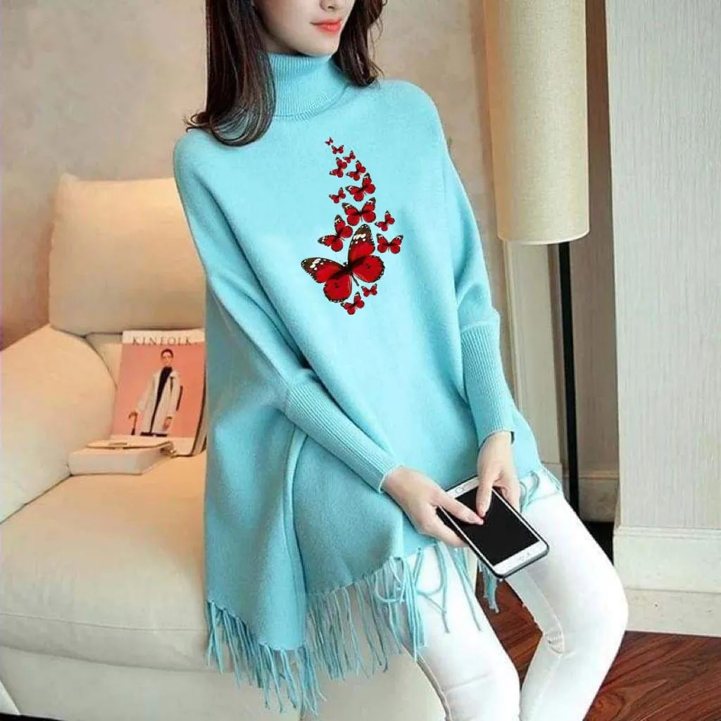 Cyan Red Butterfly Printed Poncho