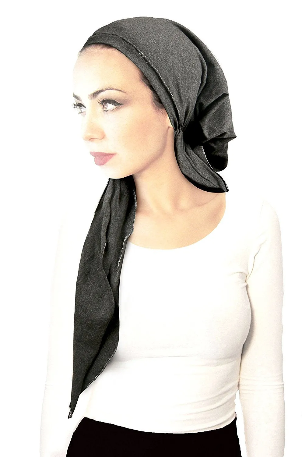 Dark Grey Pre-tied Head-scarf Tichel Cotton Boho Chic ShariRose With Metallic Silver Over-Lock! (Charcoal silver grey long - 412)