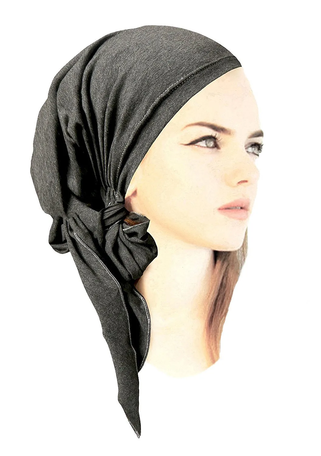 Dark Grey Pre-tied Head-scarf Tichel Cotton Boho Chic ShariRose With Metallic Silver Over-Lock! (Charcoal silver grey long - 412)