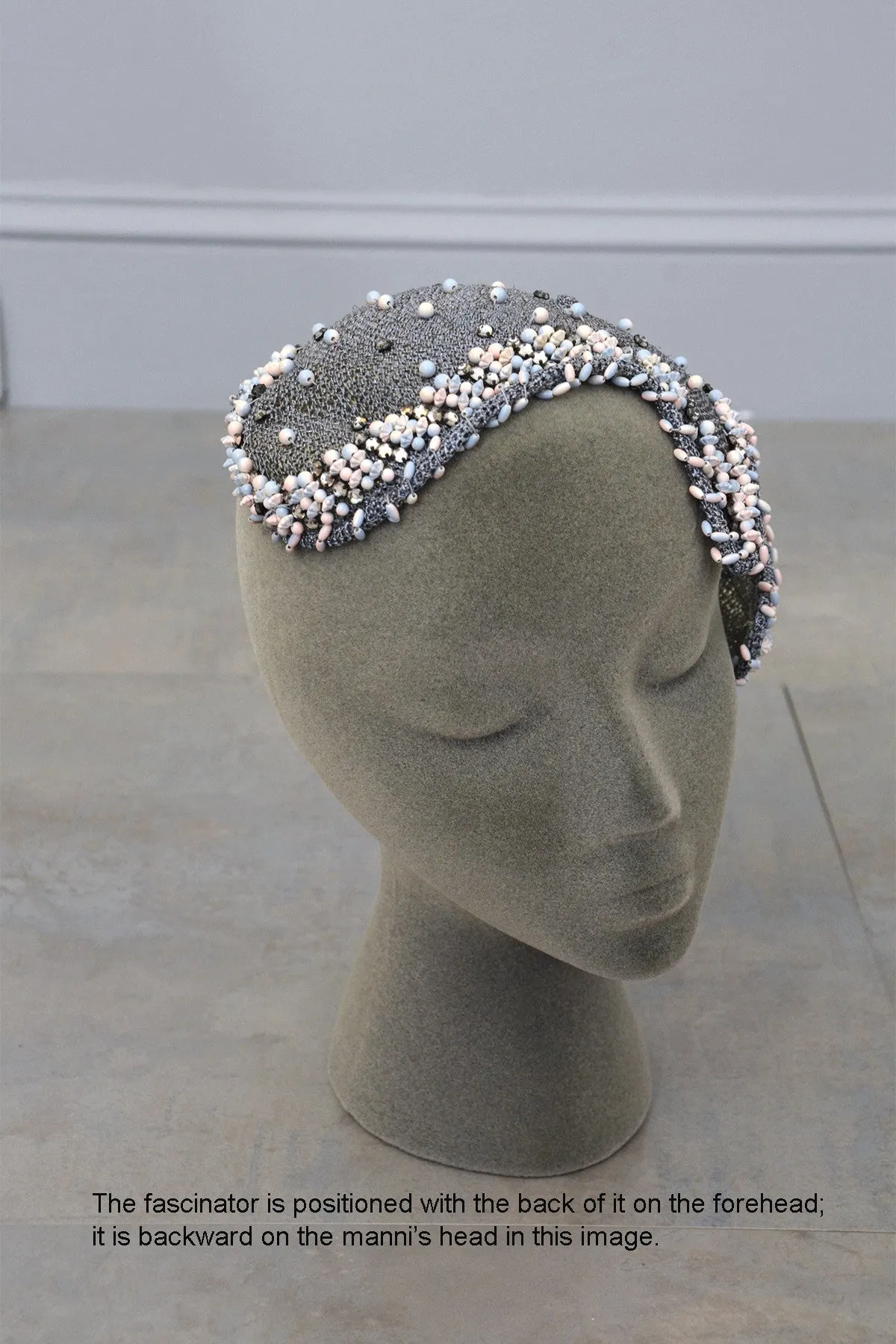 Grey woven and beaded vintage hat fascinator