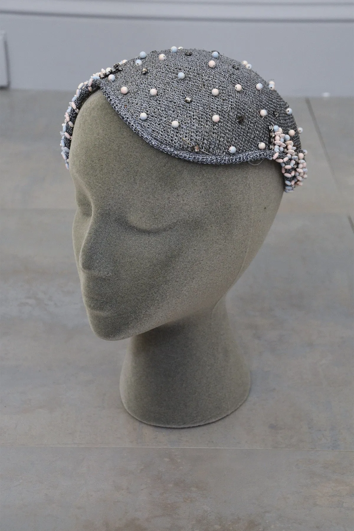 Grey woven and beaded vintage hat fascinator