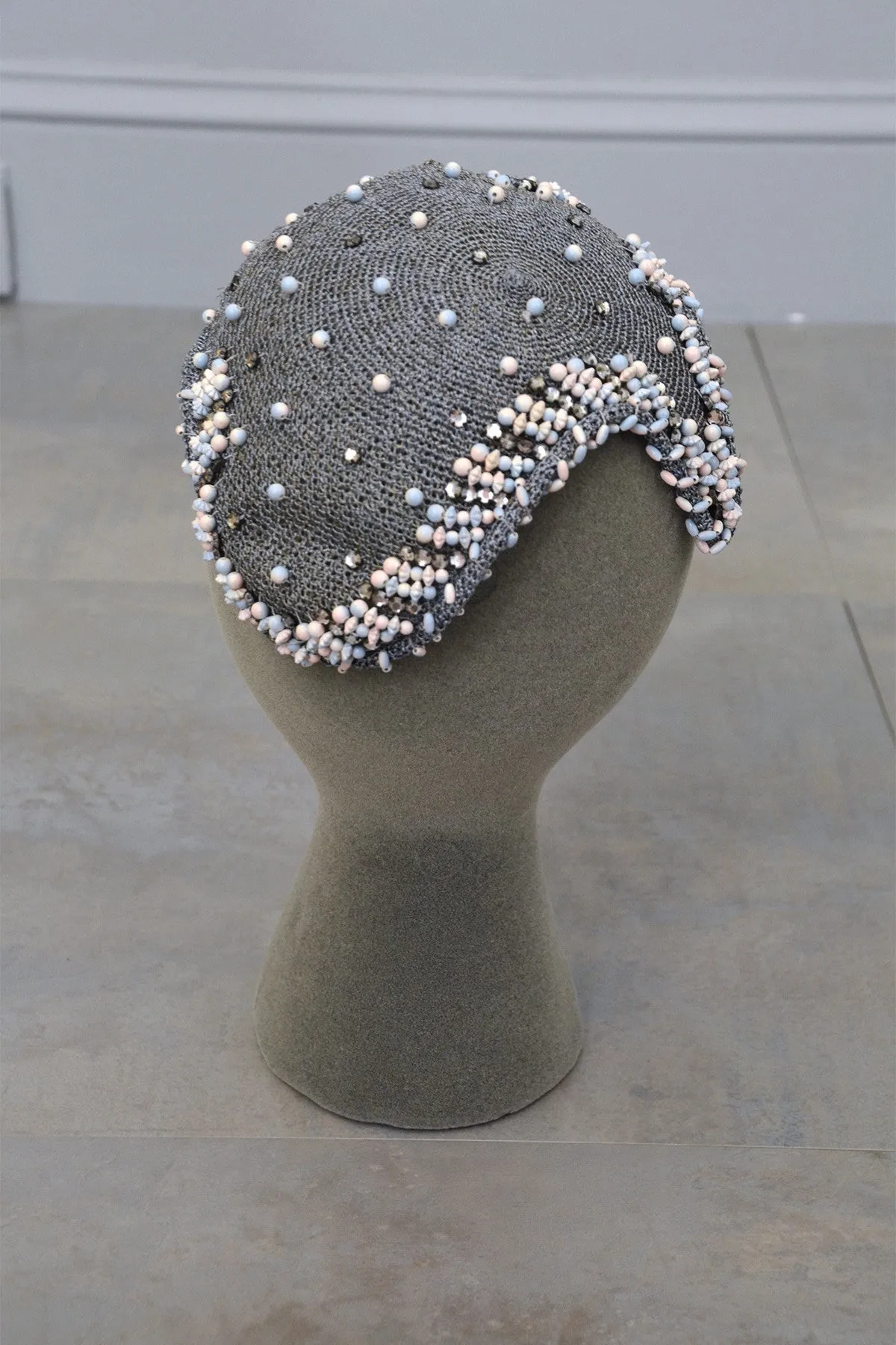 Grey woven and beaded vintage hat fascinator