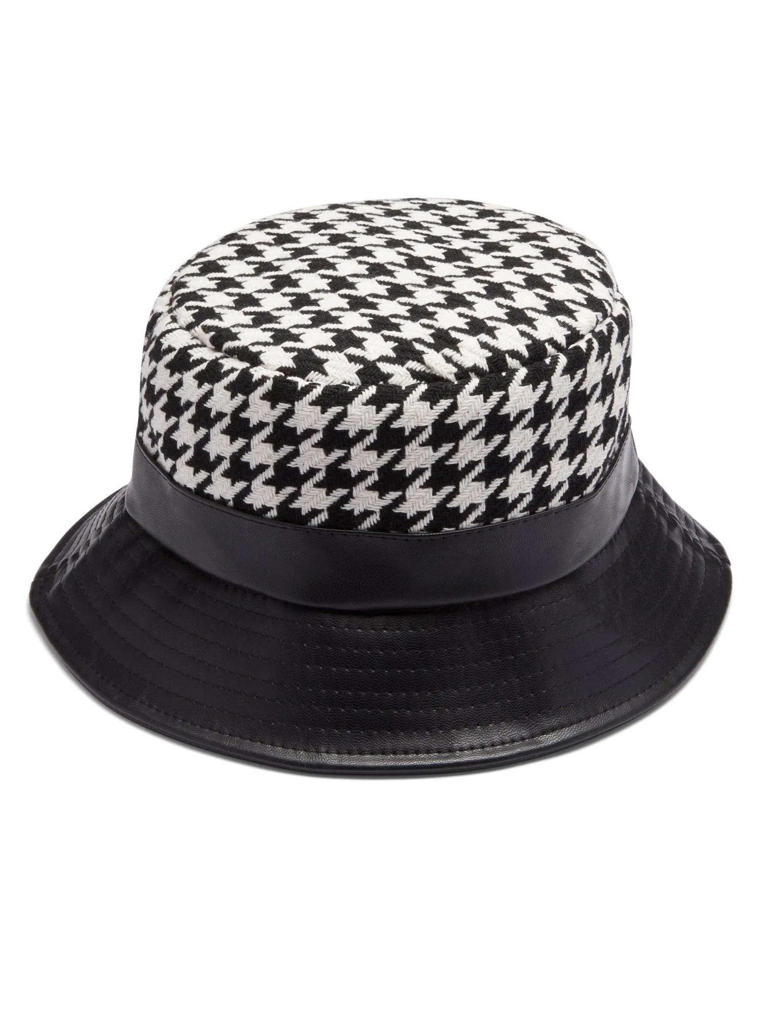 Houndstooth Faux-Leather Trim Bucket Hat