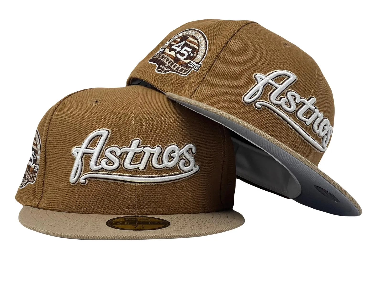 HOUSTON ASTROS 45TH ANNIVERSARY LIGHT BRONZE CAMEL VISOR GRAY BRIM NEW ERA FITTED HAT