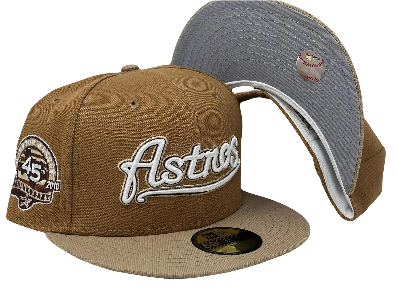 HOUSTON ASTROS 45TH ANNIVERSARY LIGHT BRONZE CAMEL VISOR GRAY BRIM NEW ERA FITTED HAT