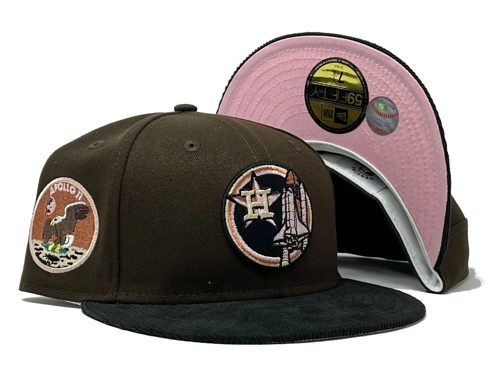 HOUSTON ASTROS APOLLO 11 BROWN BLACK CORDUROY VISOR PINK BRIM NEW ERA FITTED HAT