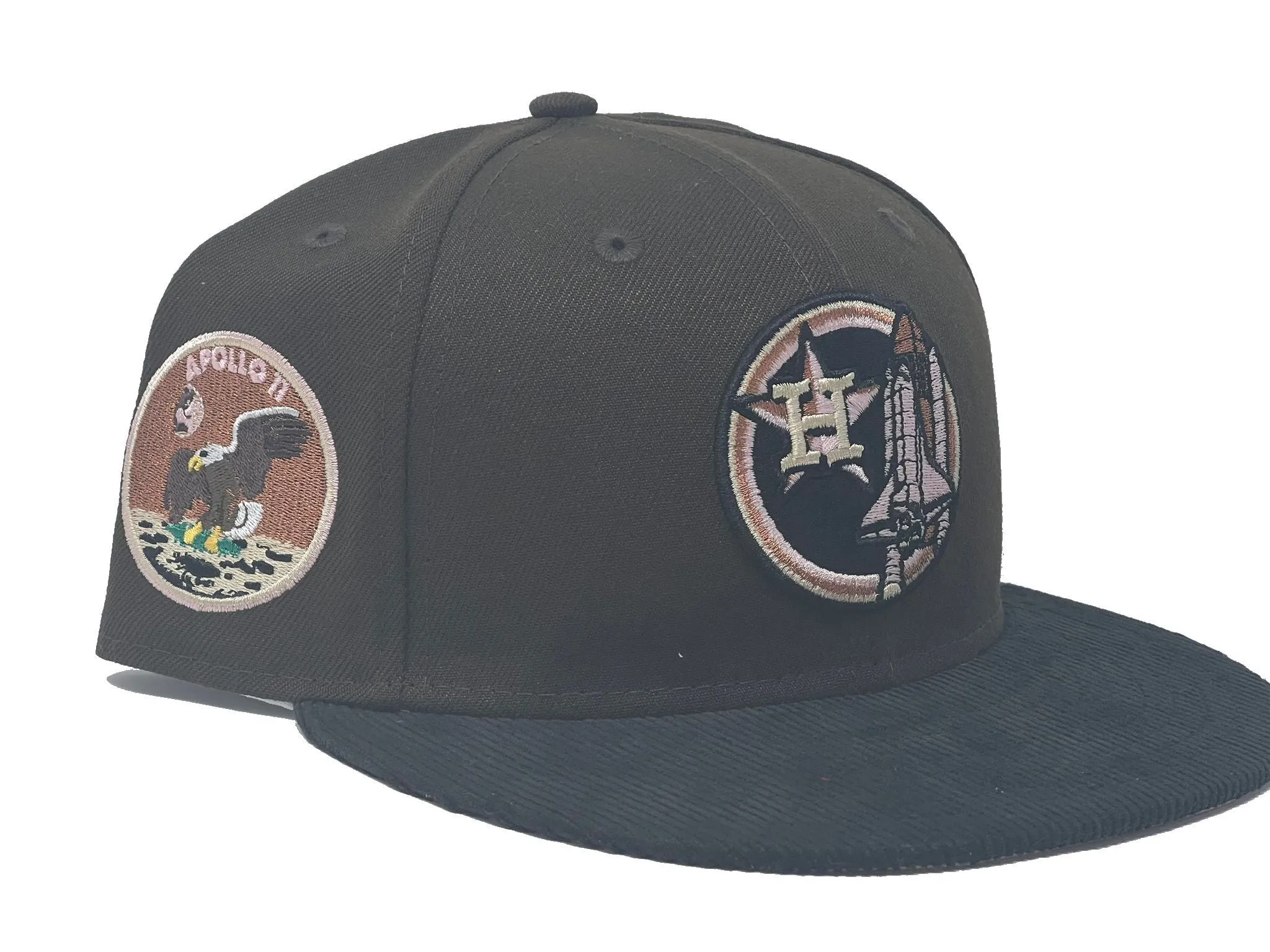 HOUSTON ASTROS APOLLO 11 BROWN BLACK CORDUROY VISOR PINK BRIM NEW ERA FITTED HAT