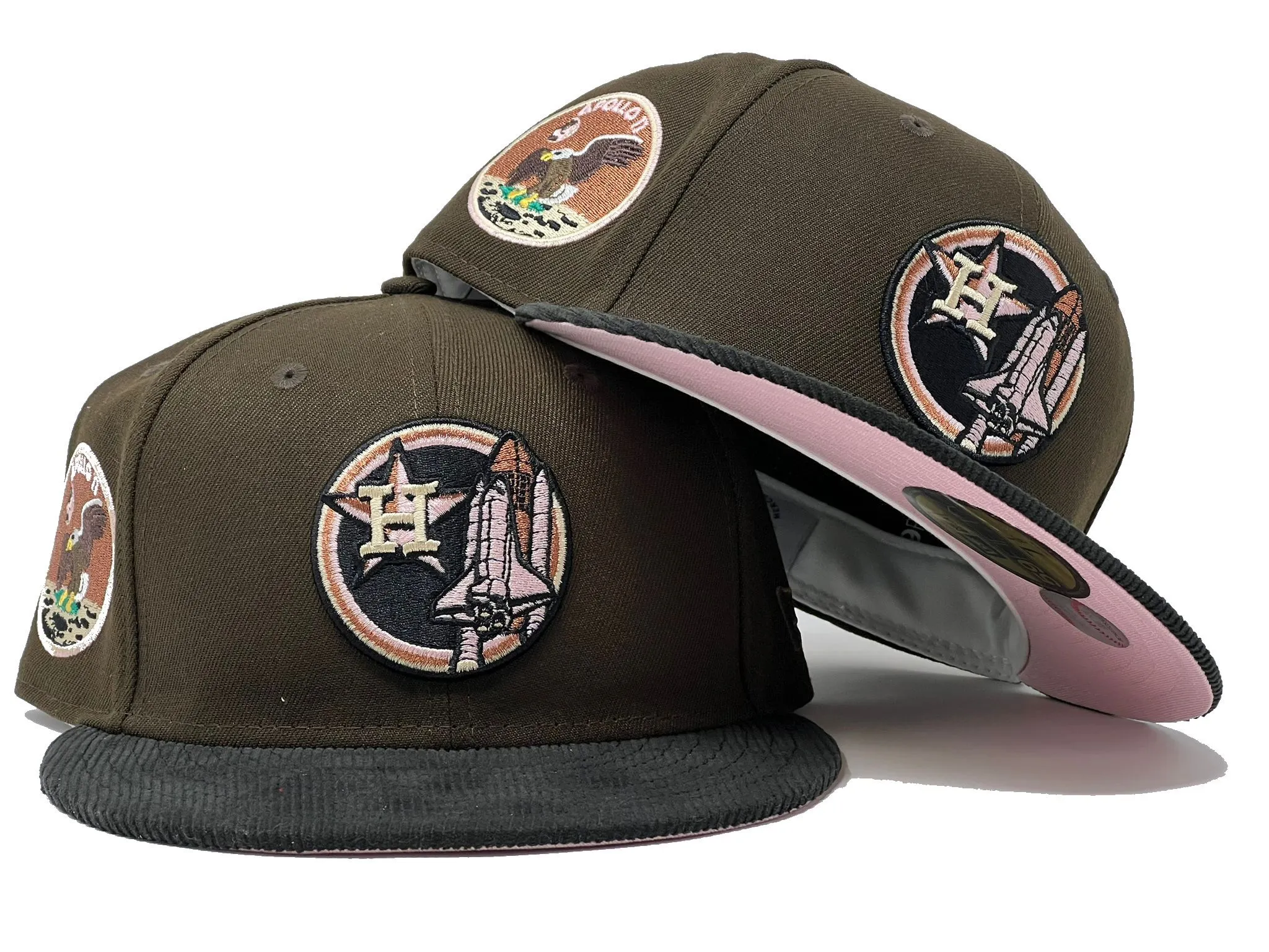 HOUSTON ASTROS APOLLO 11 BROWN BLACK CORDUROY VISOR PINK BRIM NEW ERA FITTED HAT