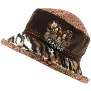 Ladies Mixed Fabric Cloche Hat with Tiger Print Brim