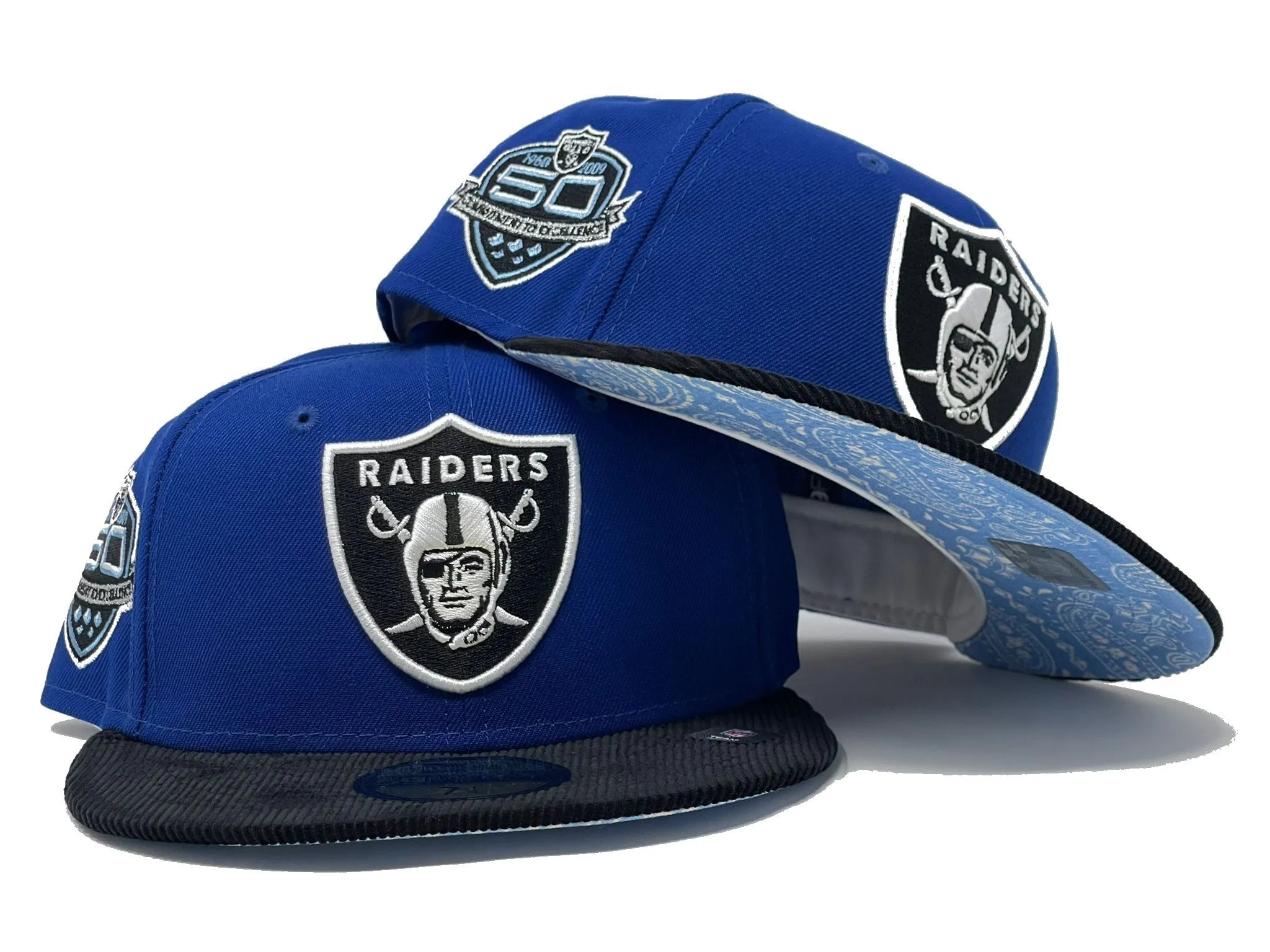 LAS VEGAS RAIDERS 50TH ANNIVERSARY "THURSDAY NIGHT FOOTBALL PAISLEY BRIM" COLLECTION SKY BLUE PAISLEY BRIM NEW ERA FITTED HAT