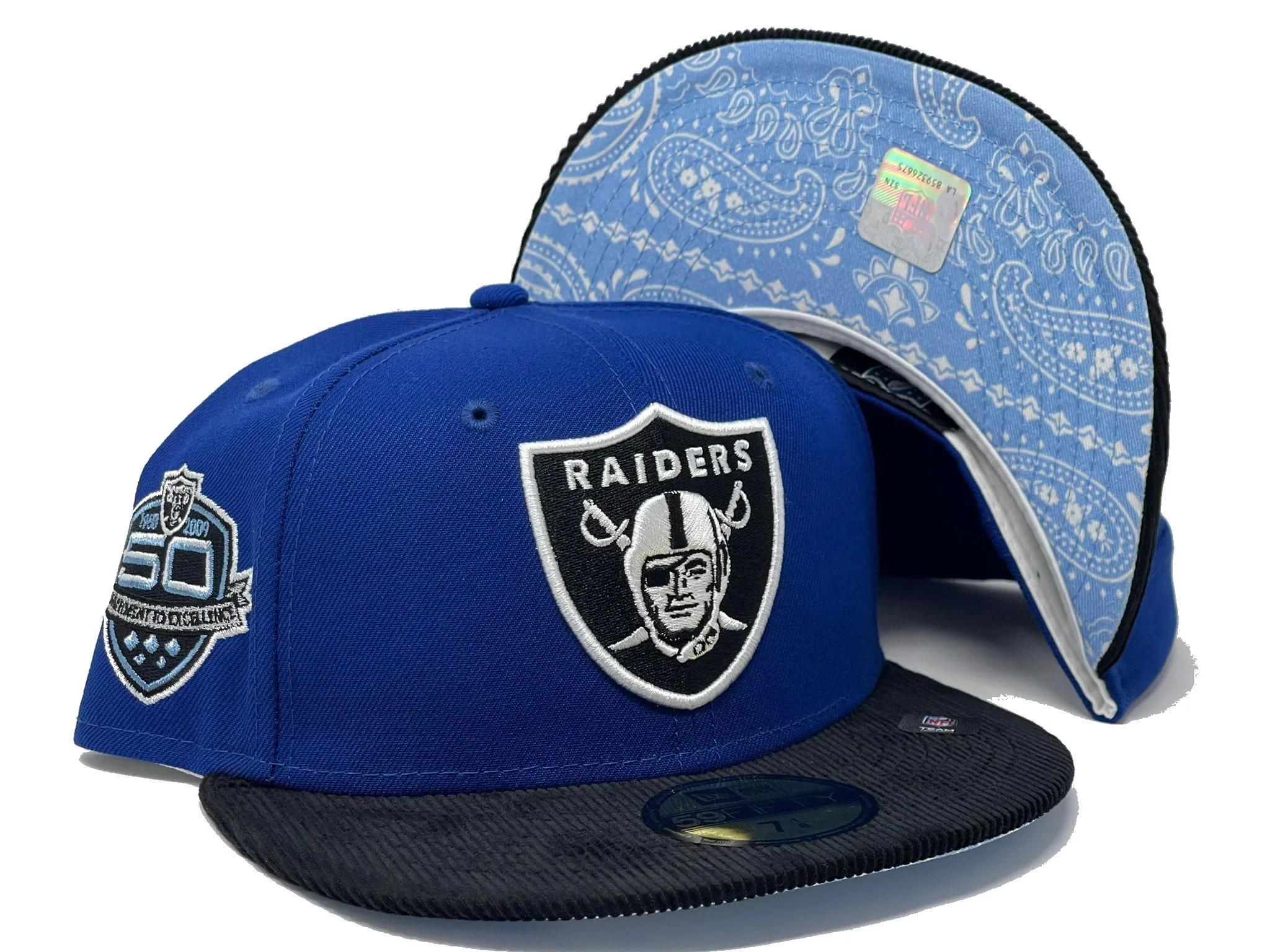 LAS VEGAS RAIDERS 50TH ANNIVERSARY "THURSDAY NIGHT FOOTBALL PAISLEY BRIM" COLLECTION SKY BLUE PAISLEY BRIM NEW ERA FITTED HAT