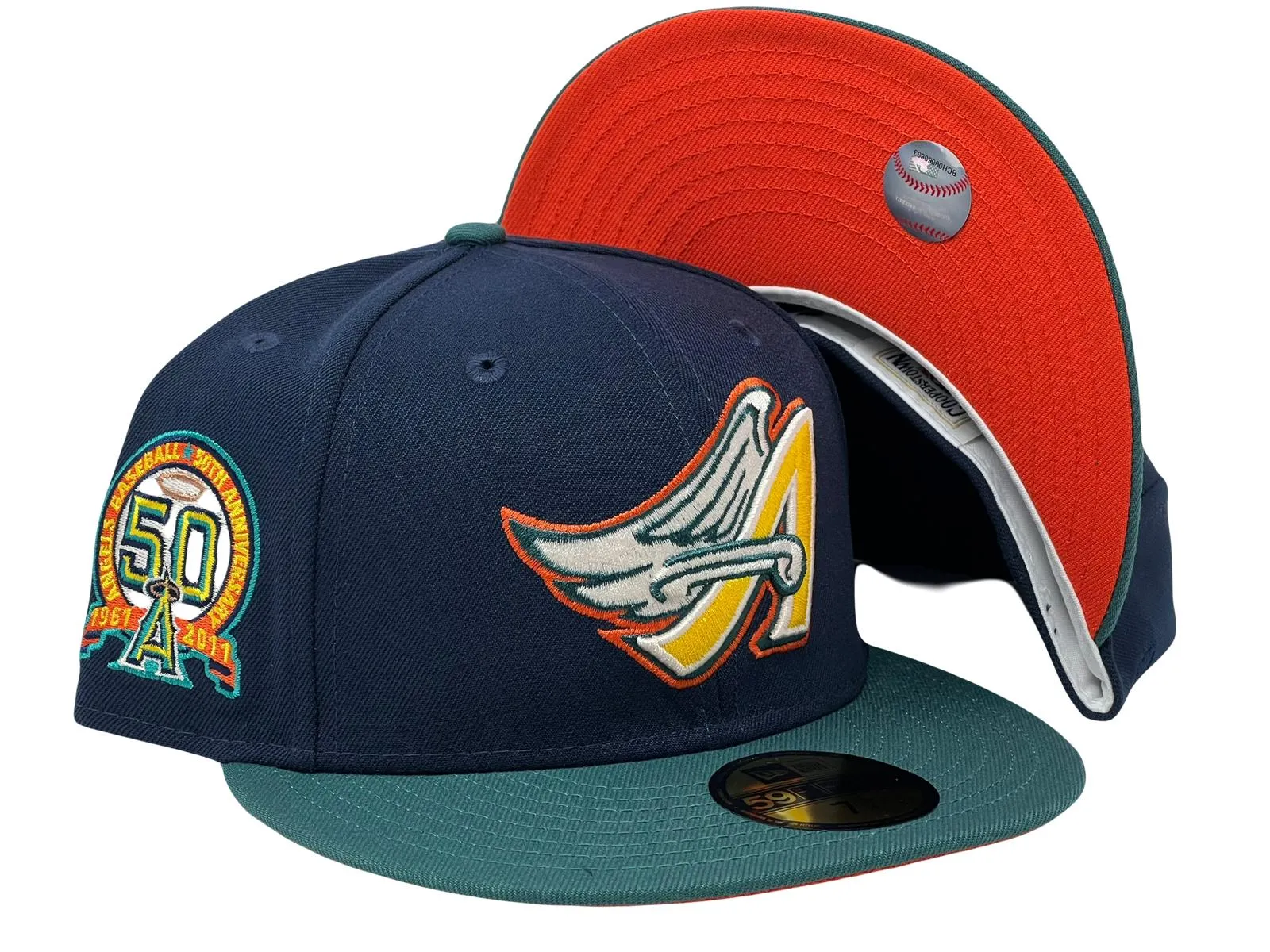 Los Angeles Angels 50th Anniversary "Space Pack" Navy Aqua Green Visor Orange Brim New Era Fitted Hat