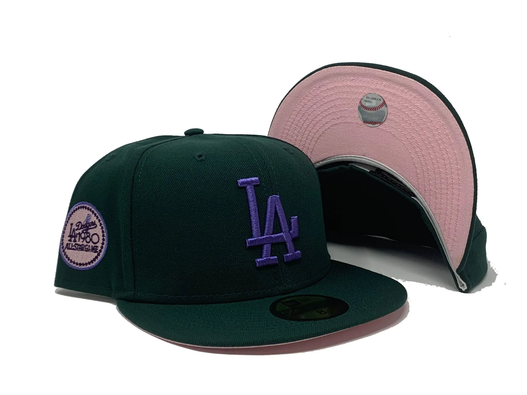 LOS ANGELES DODGERS 1980 ALL STAR GAME DARK GREEN PINK BRIM NEW ERA FITTED HAT