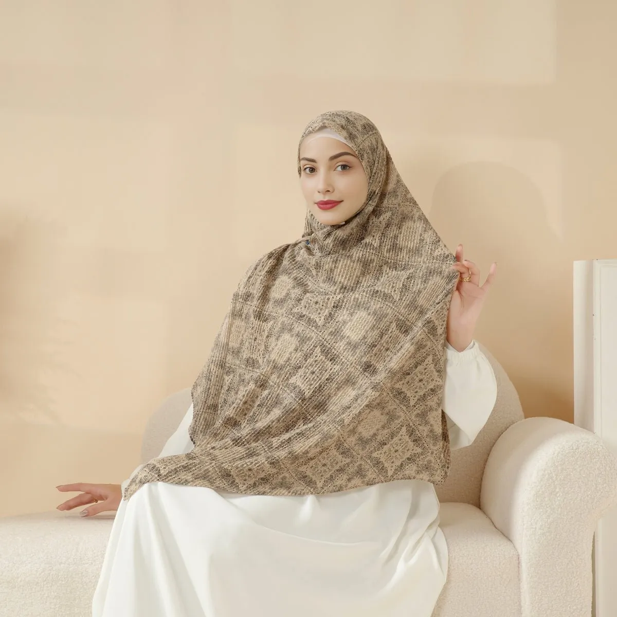 MH094 Printed Pleated Cotton and Linen Blend Shawl