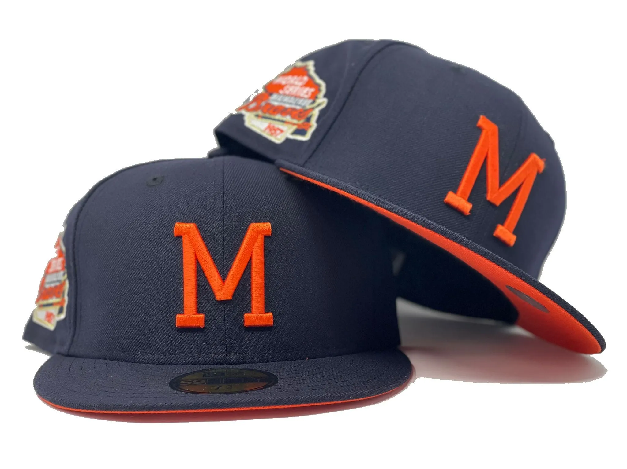 MILWAUKEE BREWERS 1957 WORLD SERIES NAVY ORANGE BRIM NEW ERA FITTED HAT