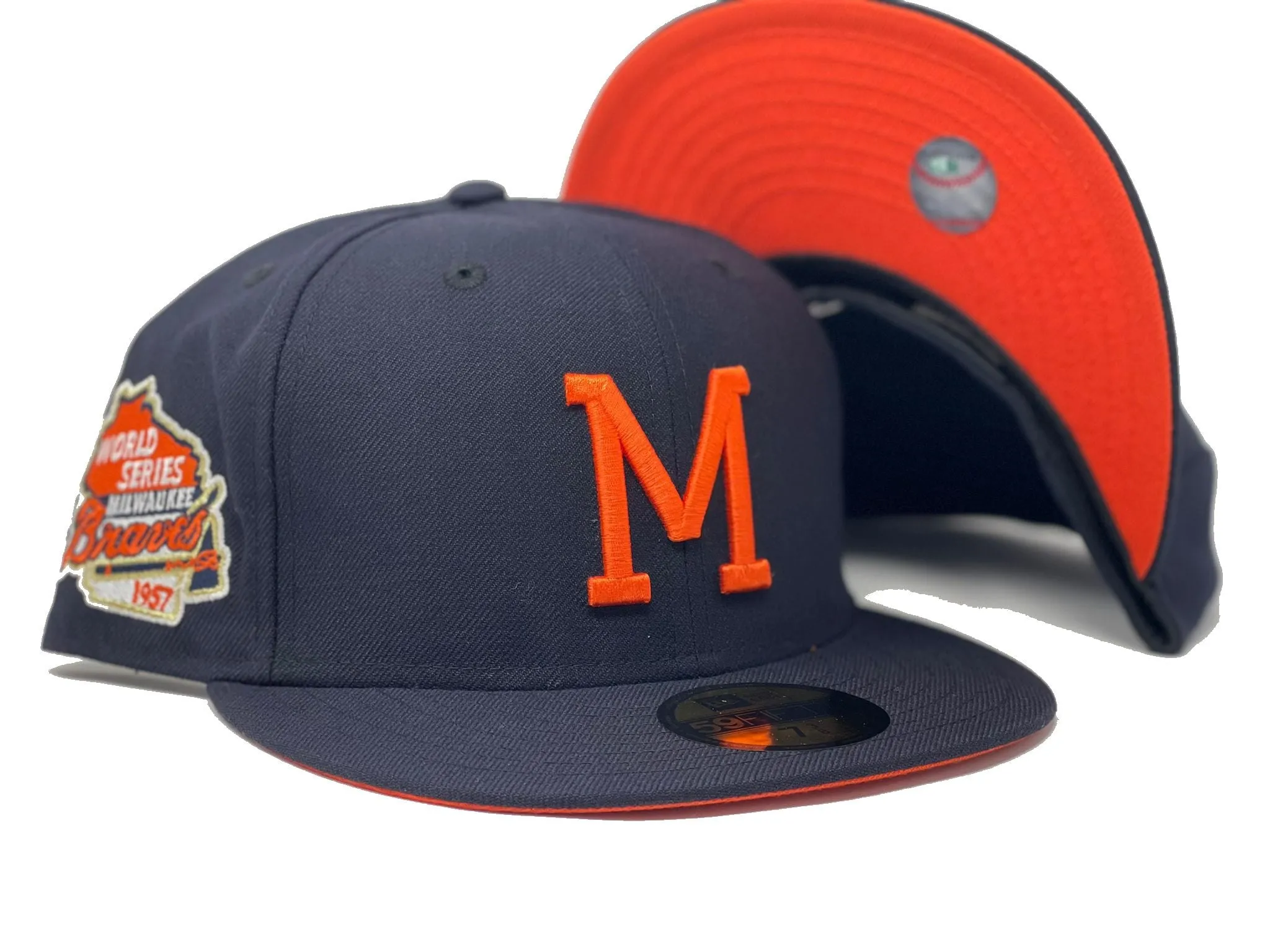 MILWAUKEE BREWERS 1957 WORLD SERIES NAVY ORANGE BRIM NEW ERA FITTED HAT