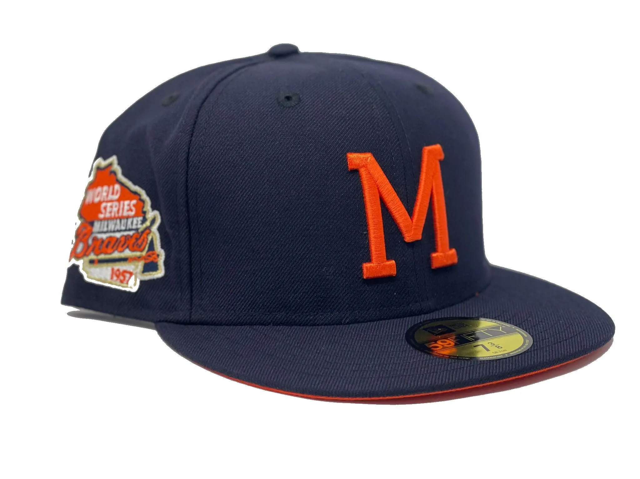 MILWAUKEE BREWERS 1957 WORLD SERIES NAVY ORANGE BRIM NEW ERA FITTED HAT