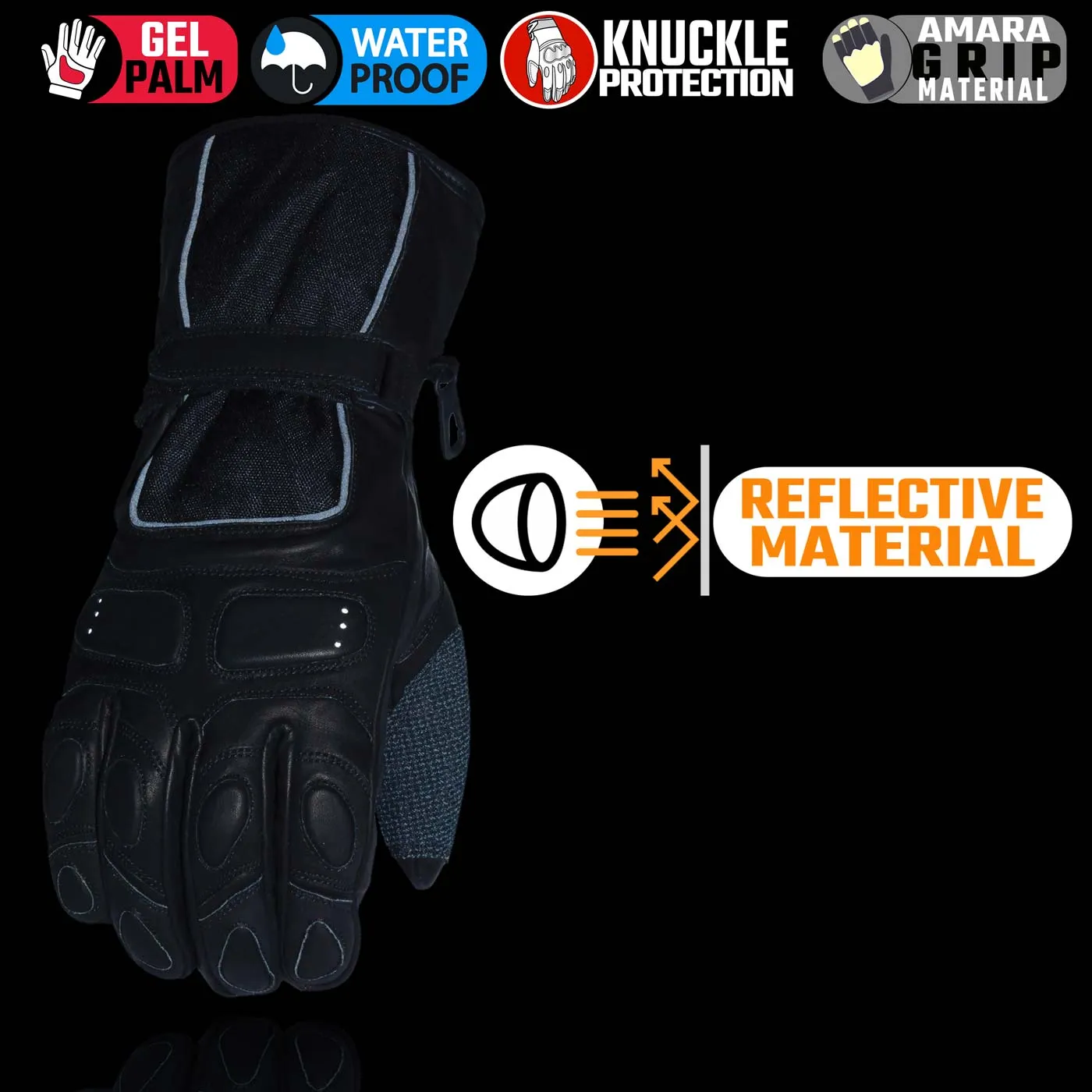 Milwaukee Leather SH814 Men's Black Leather Waterproof Gauntlet Motorcycle Gloves w/ Textile and Leather