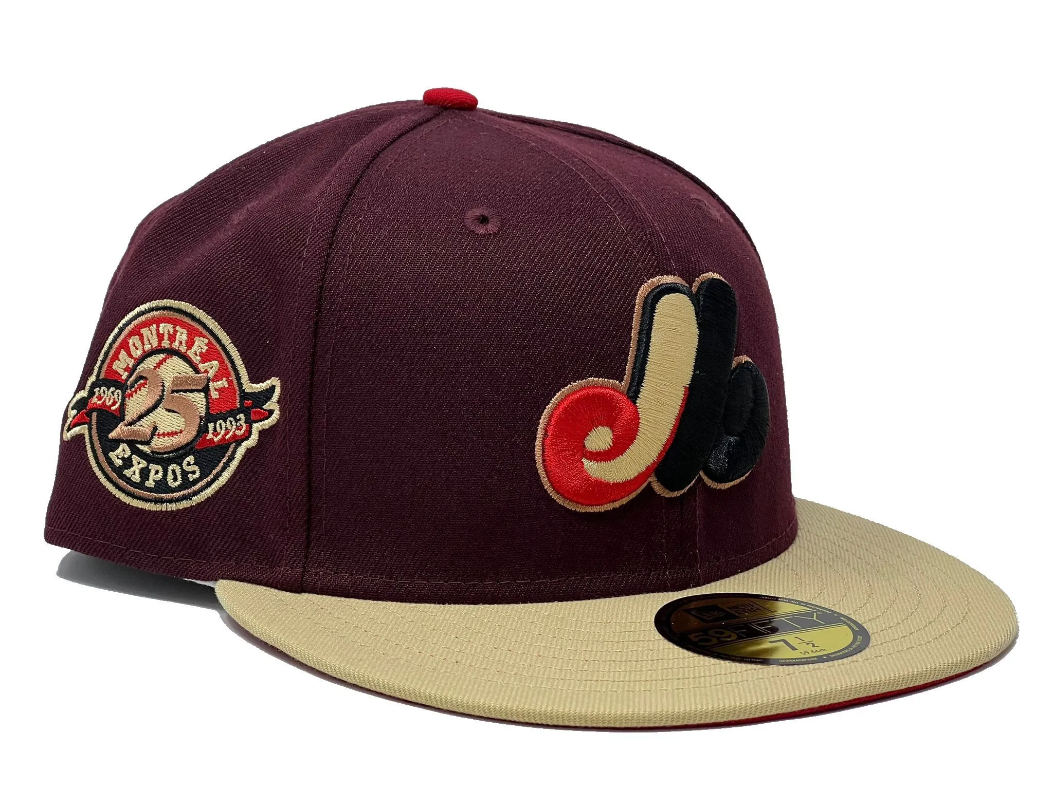 MONTREAL EXPOS 25TH ANNIVERSARY MAROON VEGAS GOLD VISOR RED BRIM NEW ERA FITTED HAT