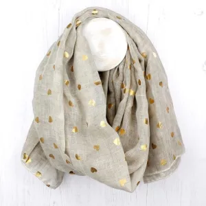 Natural Scarf With Metallic Gold Heart Print