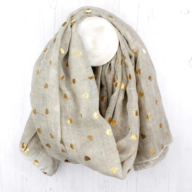 Natural Scarf With Metallic Gold Heart Print