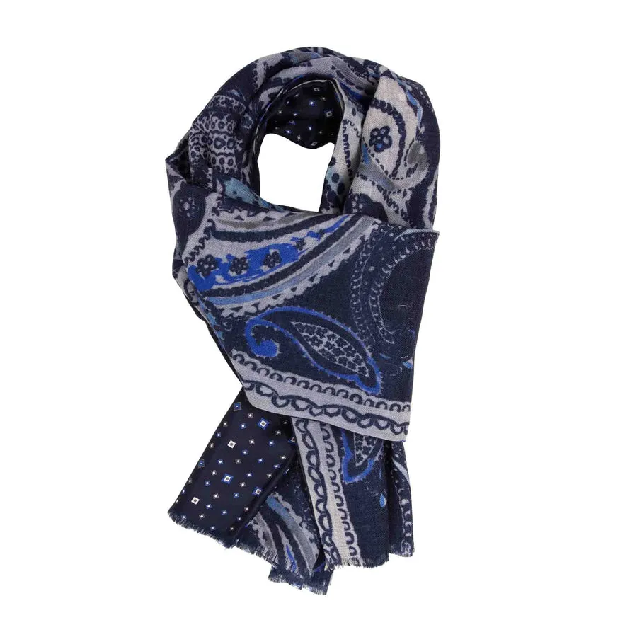 NAVY BLUE & GREY SILK AND WOOL SCARF