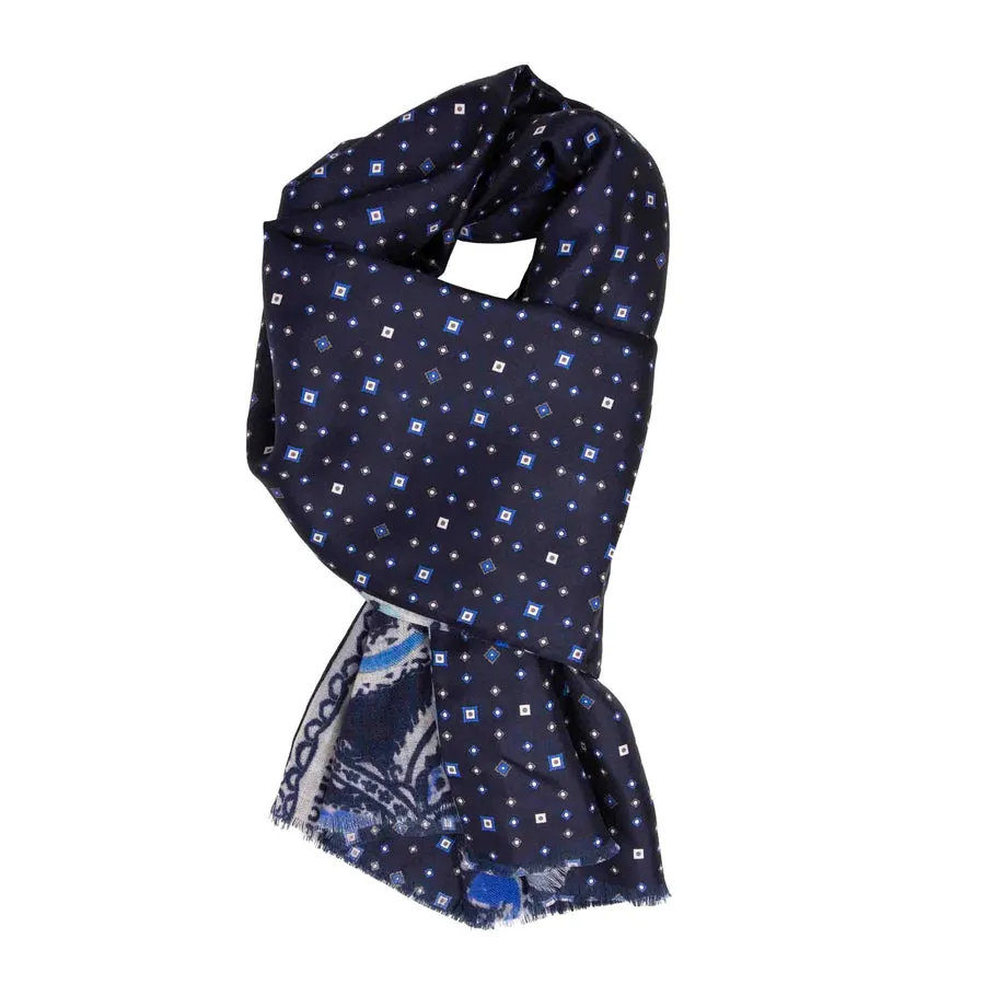 NAVY BLUE & GREY SILK AND WOOL SCARF