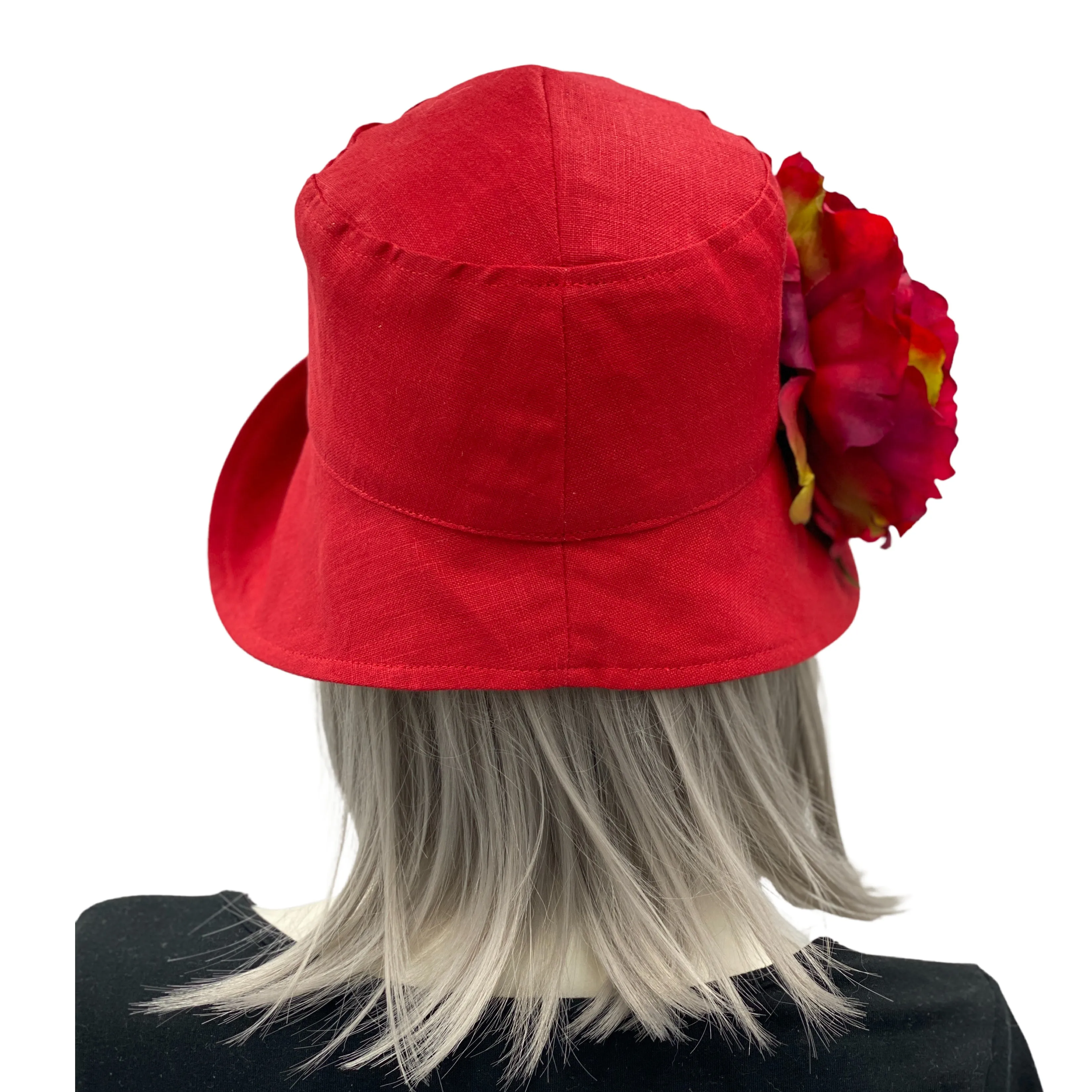 Red linen 20s Style Cloche Hat with Large Flower | The Eleanor