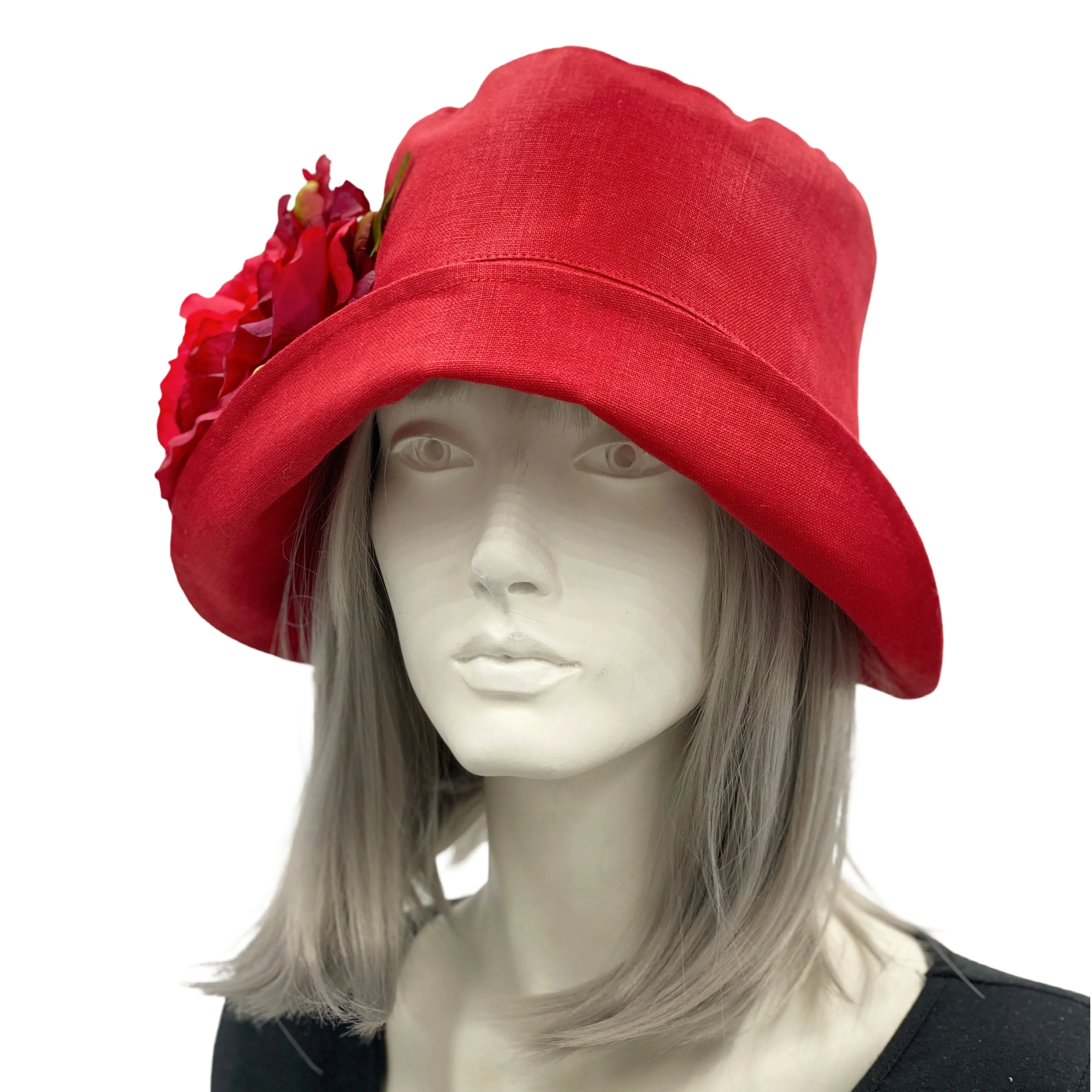 Red linen 20s Style Cloche Hat with Large Flower | The Eleanor