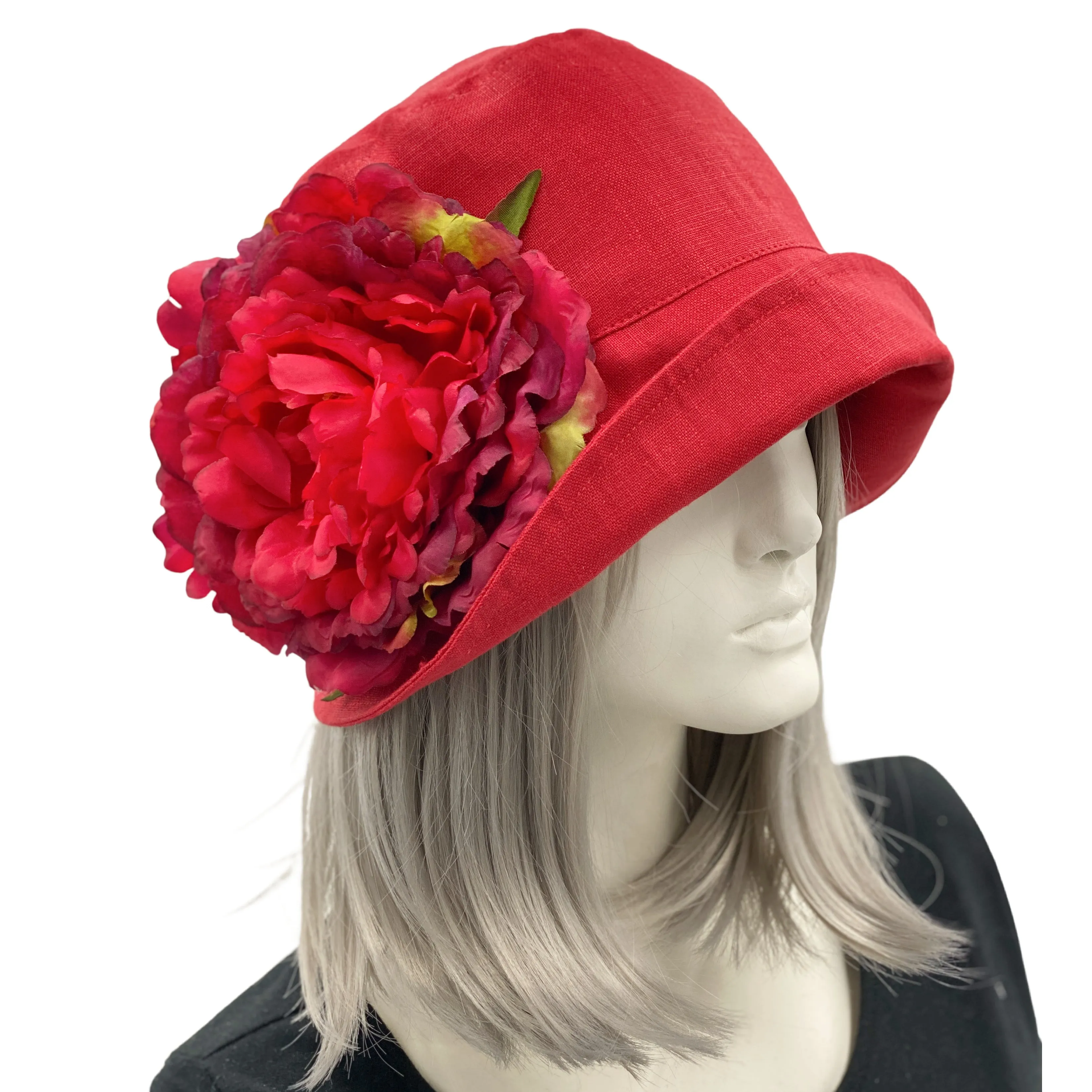 Red linen 20s Style Cloche Hat with Large Flower | The Eleanor