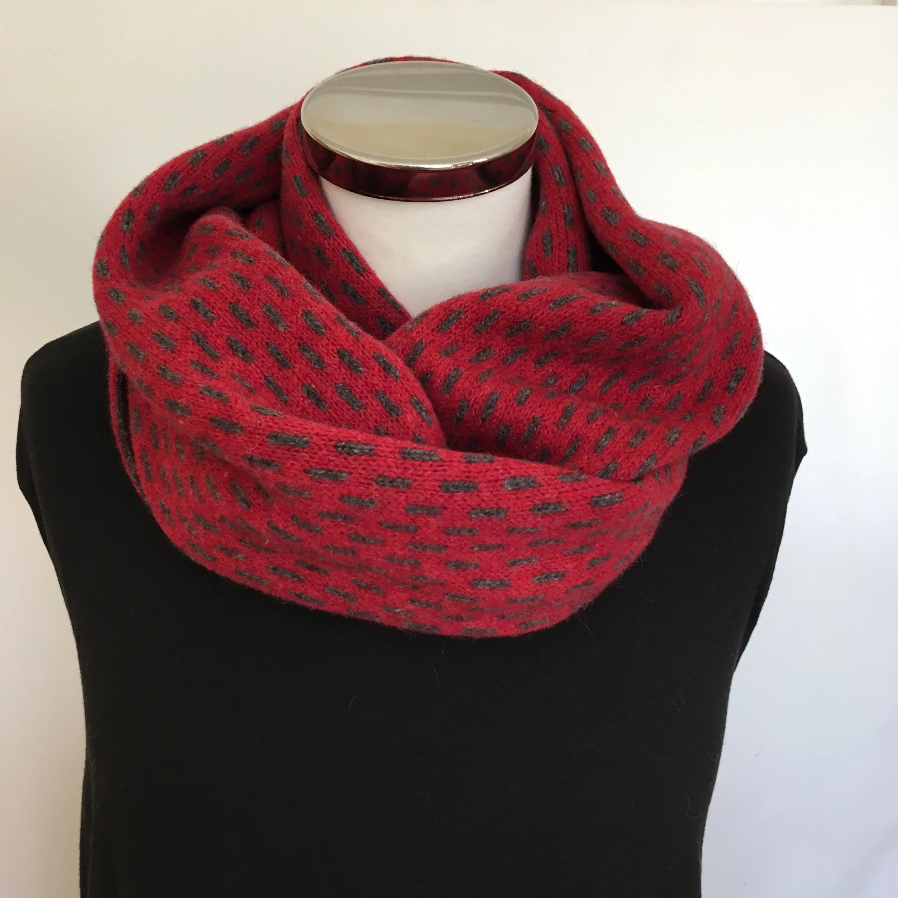 Snood - Infinity Scarf Soft Merino Lambswool Berry Red and Coal Grey Dots