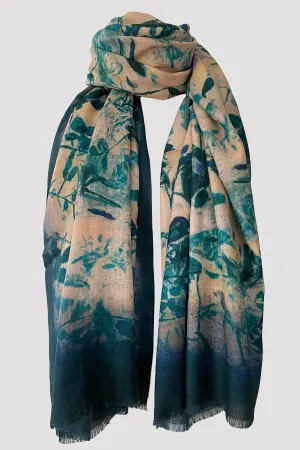 Swirling Leaves Teal Pink Wool Silk Scarf